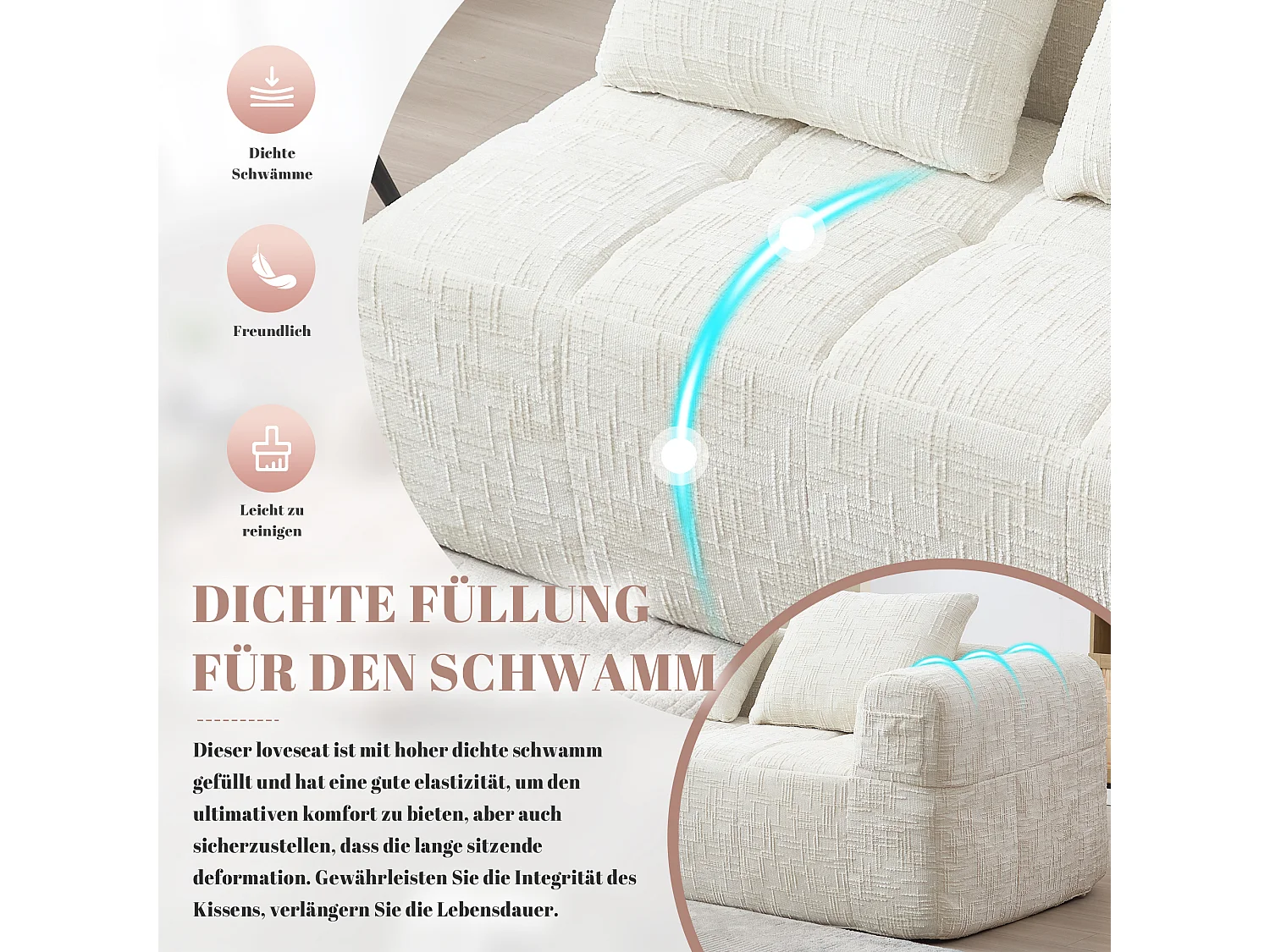 Divano a 2 posti beige, non necessita di montaggio, con cuscino, tasche laterali per telecomando e telefono, chaise longue, design moderno e confortevole