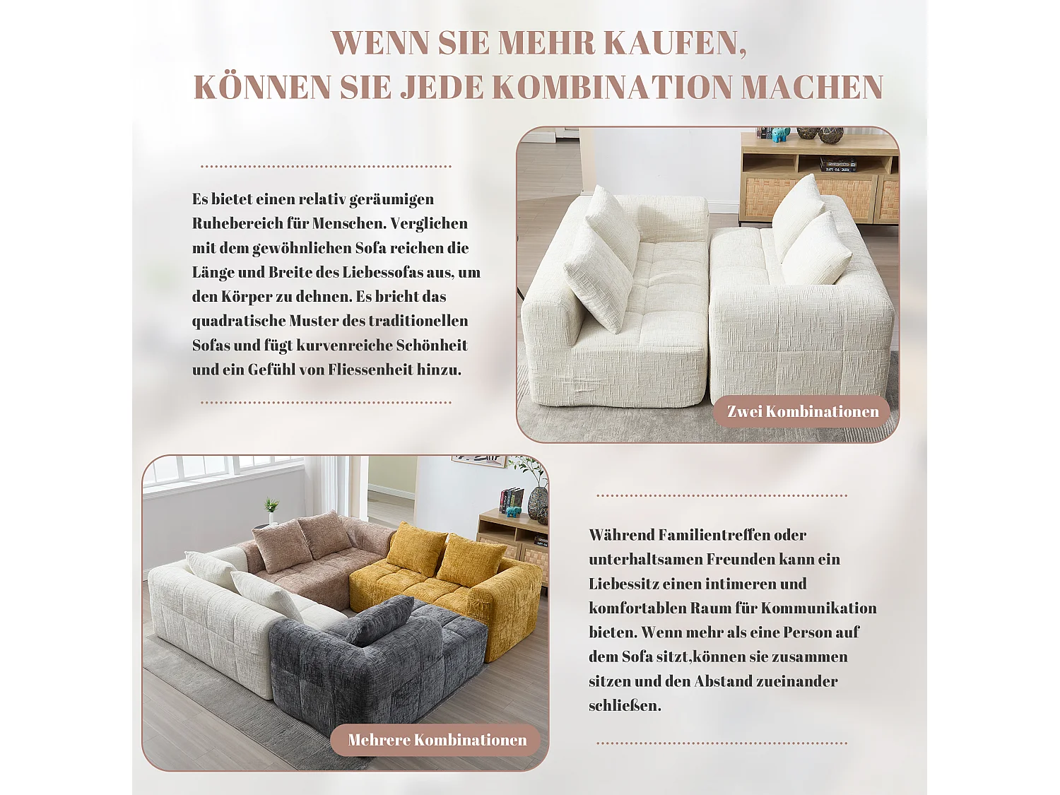 Divano a 2 posti beige, non necessita di montaggio, con cuscino, tasche laterali per telecomando e telefono, chaise longue, design moderno e confortevole