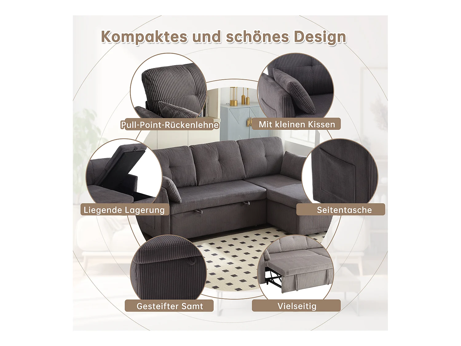 Divano letto multifunzionale con contenitore e letto a scomparsa, divano angolare componibile per soggiorno, con cuscini e vani contenitore