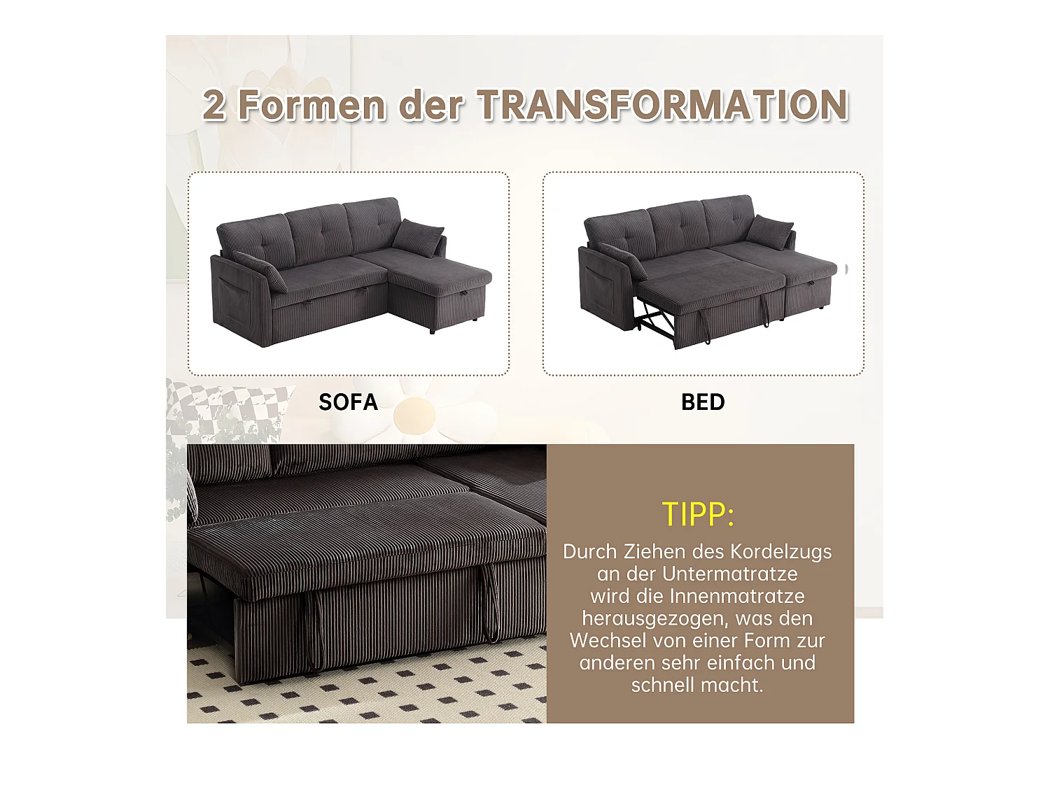 Divano letto multifunzionale con contenitore e letto a scomparsa, divano angolare componibile per soggiorno, con cuscini e vani contenitore