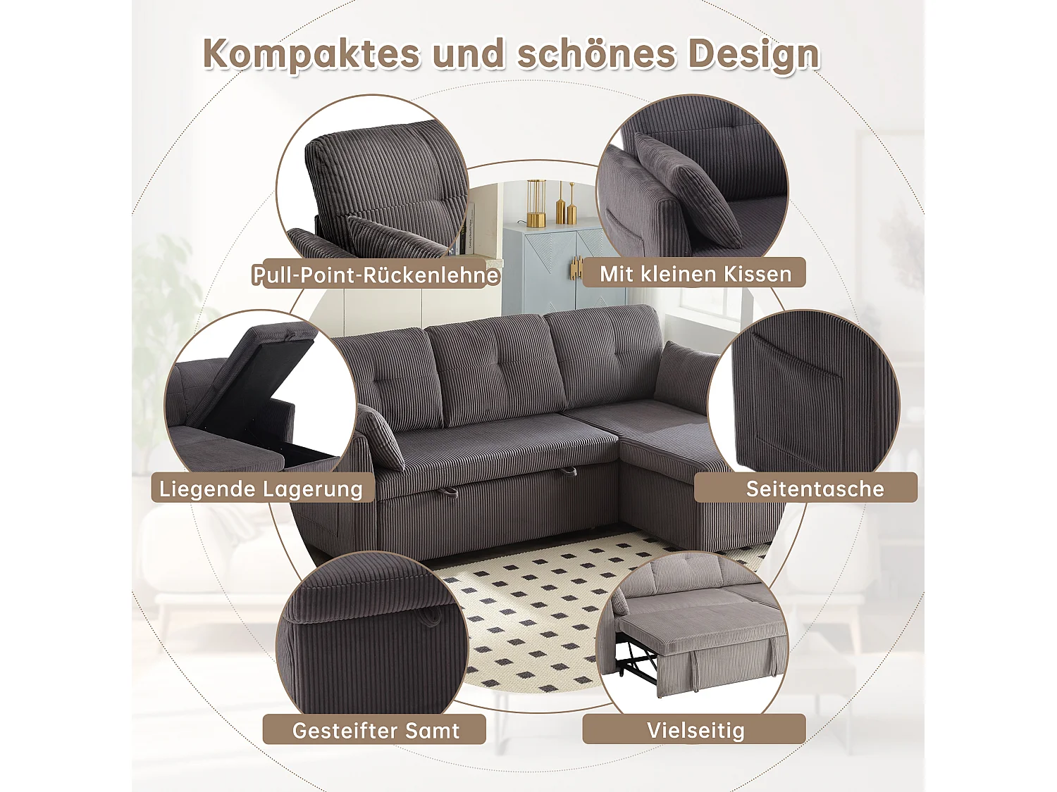 Divano letto multifunzionale con contenitore e letto a scomparsa, divano angolare componibile per soggiorno, con cuscini e vani contenitore