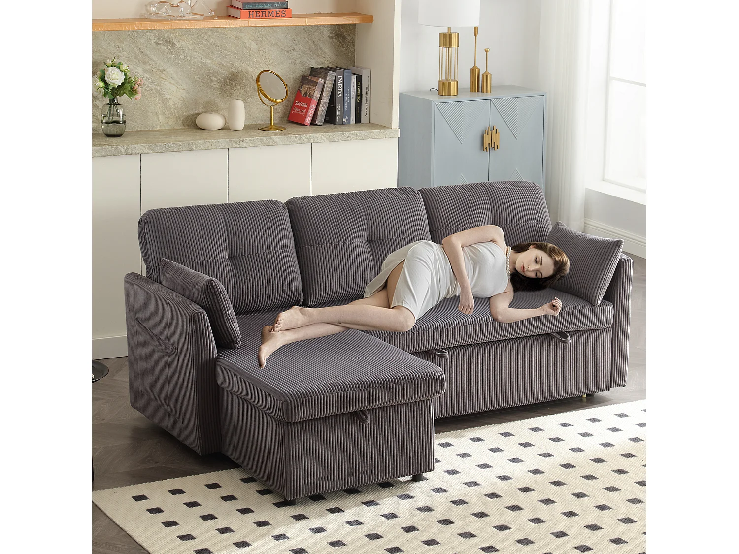 Divano letto multifunzionale con contenitore e letto a scomparsa, divano angolare componibile per soggiorno, con cuscini e vani contenitore