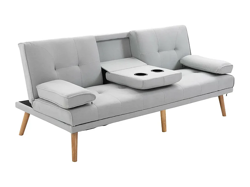 Divano letto 3 posti in tessuto effetto lino grigio chiaro – Trasformabile, schienale reclinabile, braccioli e tavolino integrato – 181x77x72 cm