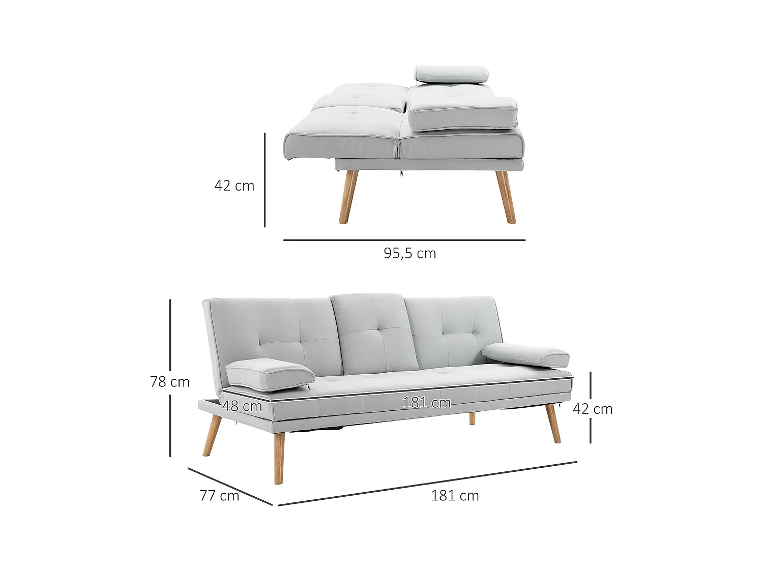 Divano letto 3 posti in tessuto effetto lino grigio chiaro – Trasformabile, schienale reclinabile, braccioli e tavolino integrato – 181x77x72 cm