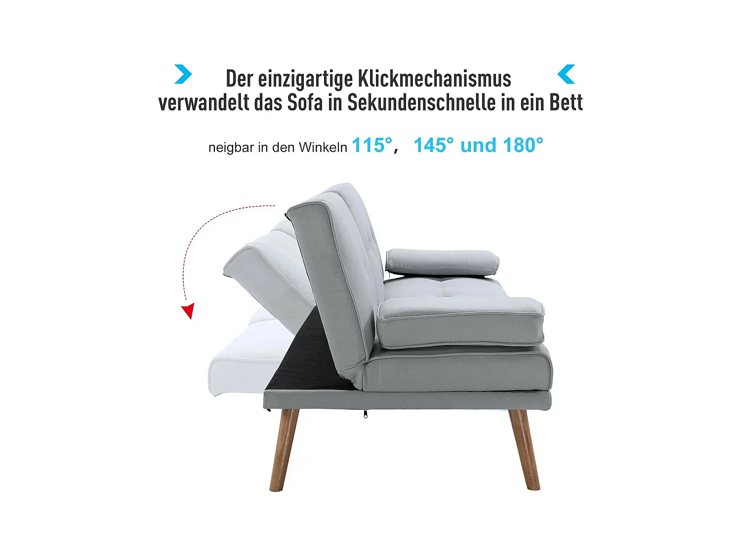 Divano letto 3 posti in tessuto effetto lino grigio chiaro – Trasformabile, schienale reclinabile, braccioli e tavolino integrato – 181x77x72 cm