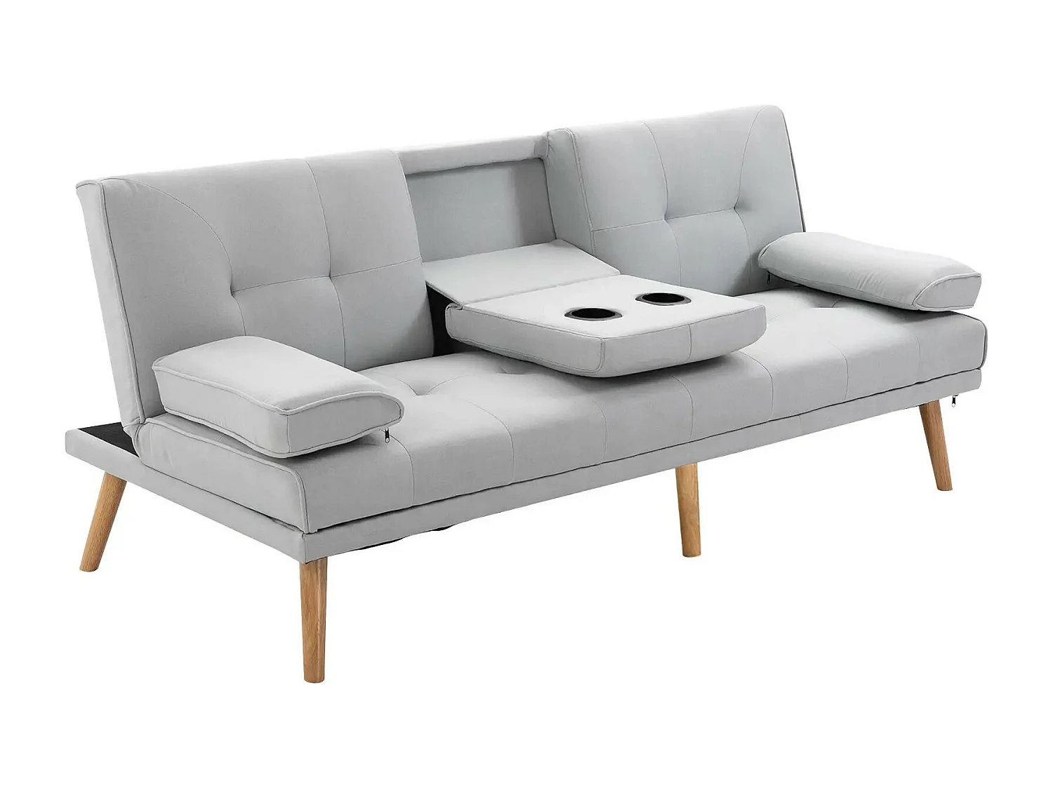 Divano letto 3 posti in tessuto effetto lino grigio chiaro – Trasformabile, schienale reclinabile, braccioli e tavolino integrato – 181x77x72 cm