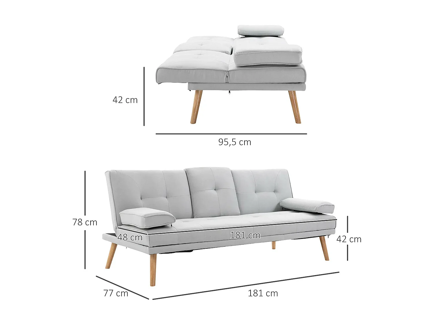 Divano letto 3 posti in tessuto effetto lino grigio chiaro – Trasformabile, schienale reclinabile, braccioli e tavolino integrato – 181x77x72 cm