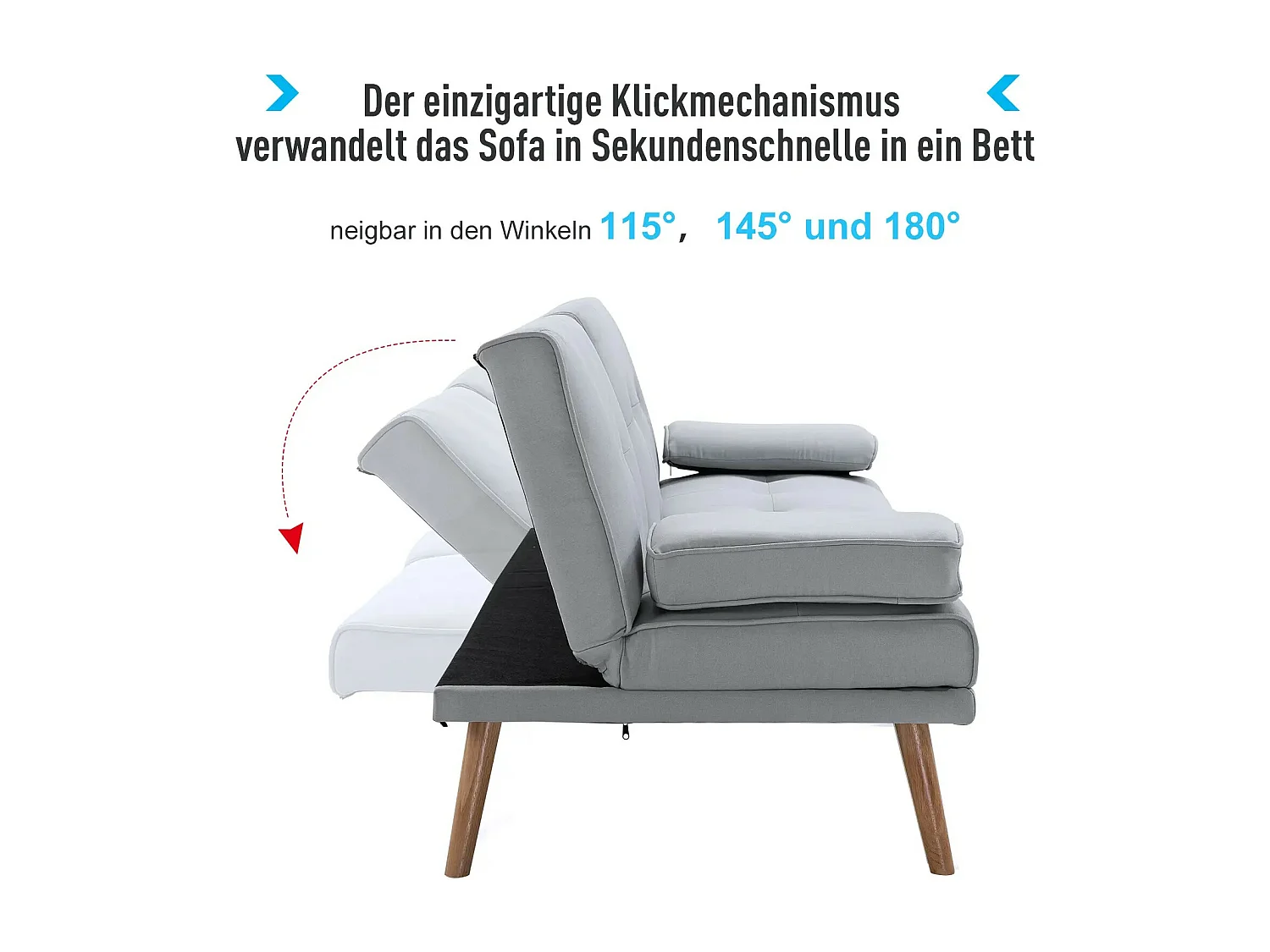 Divano letto 3 posti in tessuto effetto lino grigio chiaro – Trasformabile, schienale reclinabile, braccioli e tavolino integrato – 181x77x72 cm