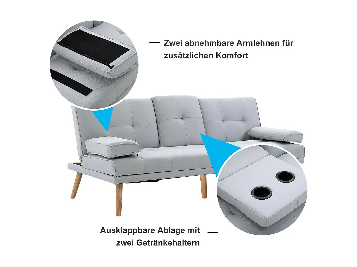 Divano letto 3 posti in tessuto effetto lino grigio chiaro – Trasformabile, schienale reclinabile, braccioli e tavolino integrato – 181x77x72 cm