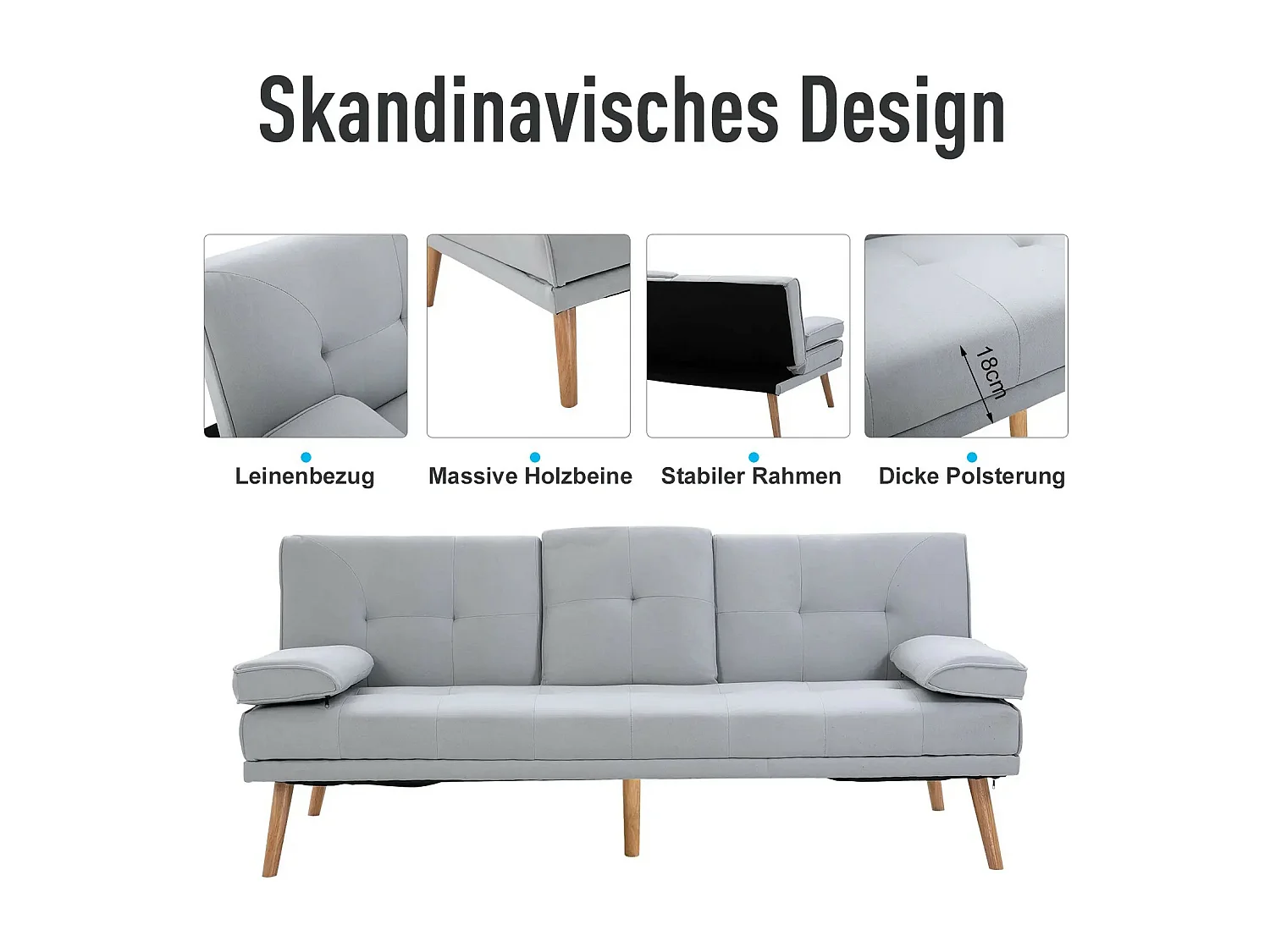 Divano letto 3 posti in tessuto effetto lino grigio chiaro – Trasformabile, schienale reclinabile, braccioli e tavolino integrato – 181x77x72 cm