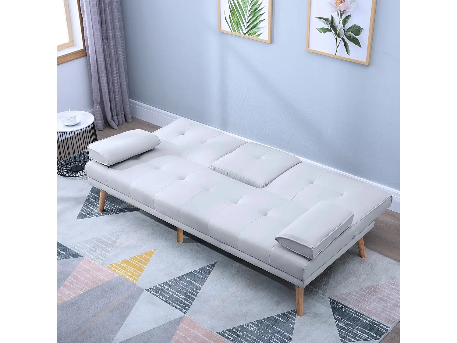 Divano letto 3 posti in tessuto effetto lino grigio chiaro – Trasformabile, schienale reclinabile, braccioli e tavolino integrato – 181x77x72 cm