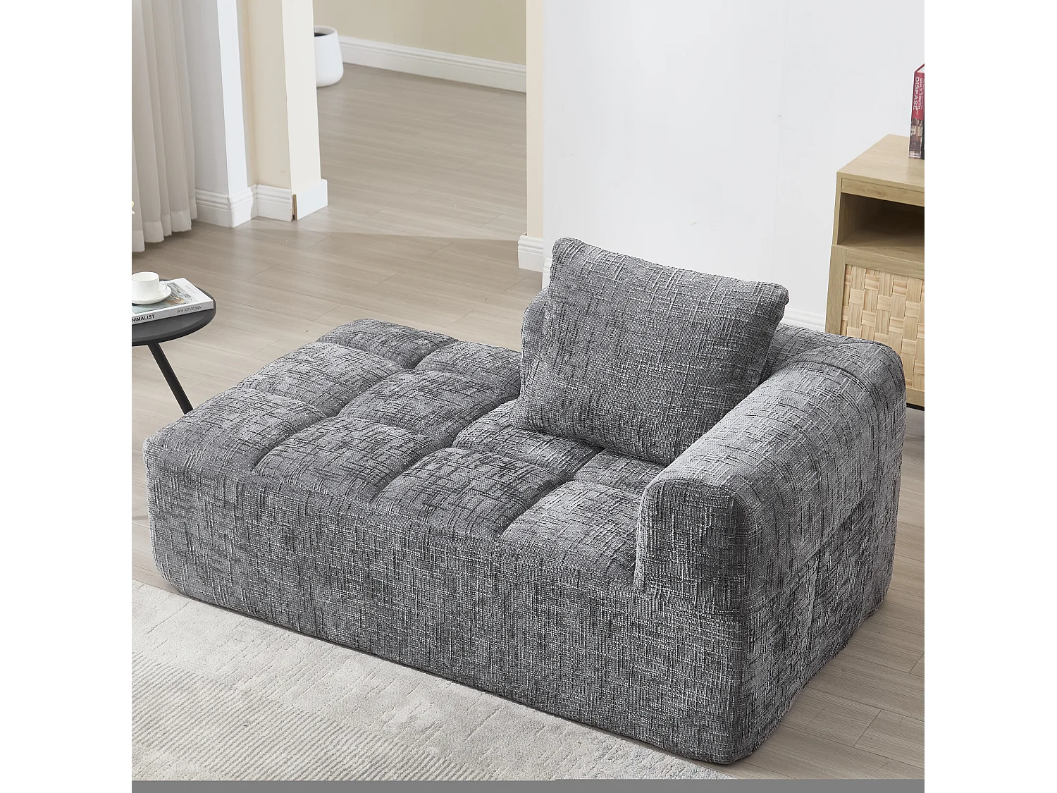 Divano Chaise Longue Grigio, non necessita di montaggio, con cuscino e tasche laterali, design ultra confortevole, moderno e pratico per il soggiorno