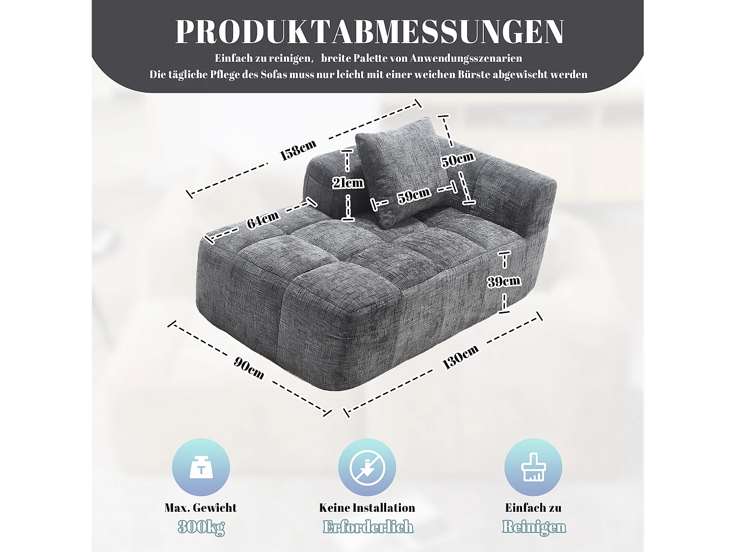 Divano Chaise Longue Grigio, non necessita di montaggio, con cuscino e tasche laterali, design ultra confortevole, moderno e pratico per il soggiorno