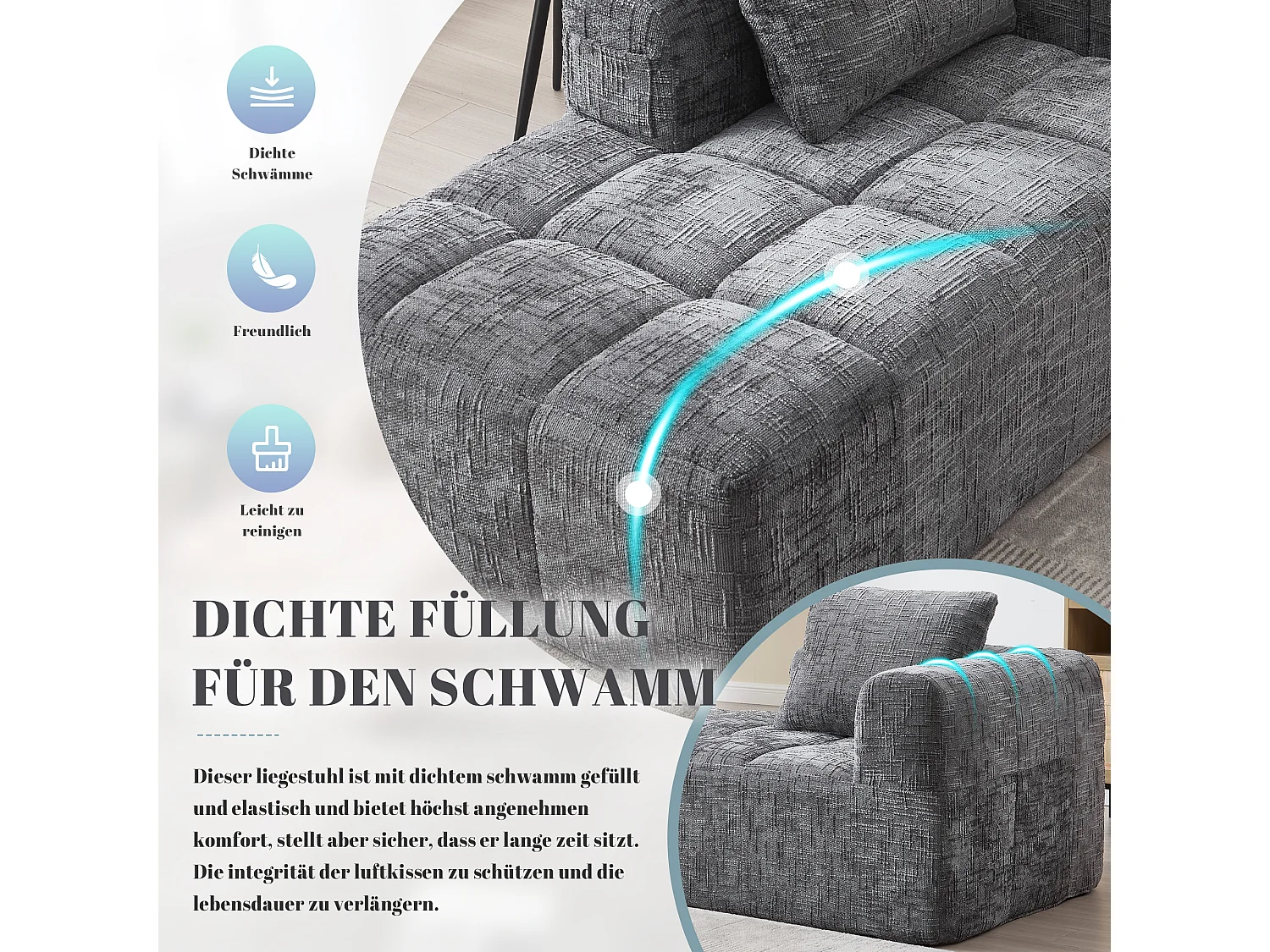 Divano Chaise Longue Grigio, non necessita di montaggio, con cuscino e tasche laterali, design ultra confortevole, moderno e pratico per il soggiorno