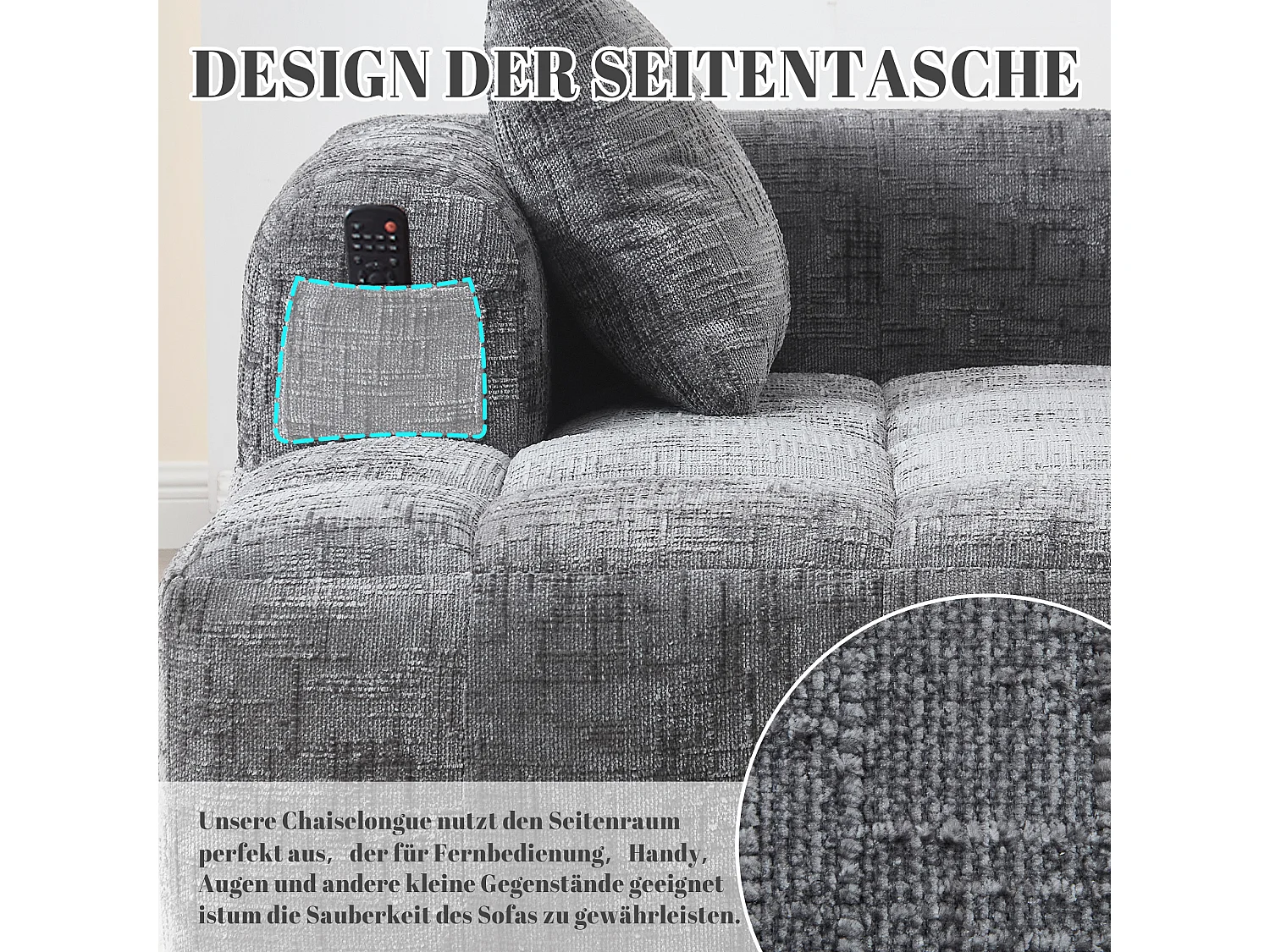 Divano Chaise Longue Grigio, non necessita di montaggio, con cuscino e tasche laterali, design ultra confortevole, moderno e pratico per il soggiorno