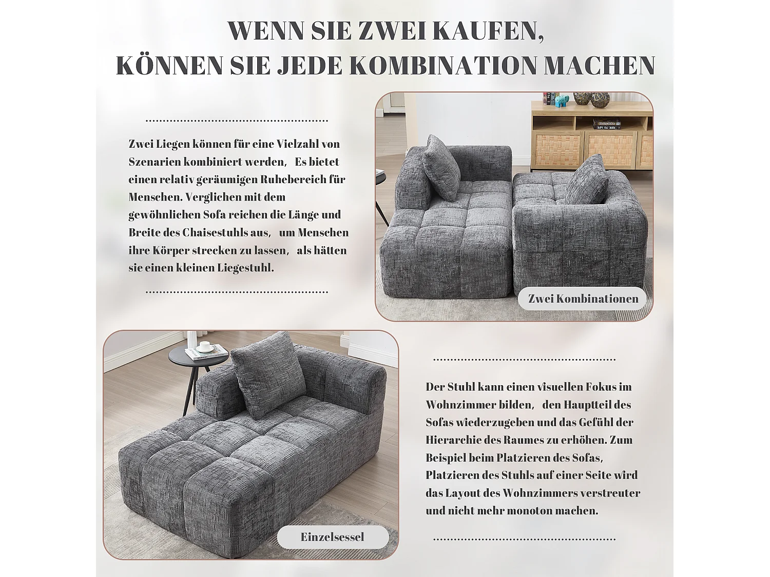 Divano Chaise Longue Grigio, non necessita di montaggio, con cuscino e tasche laterali, design ultra confortevole, moderno e pratico per il soggiorno