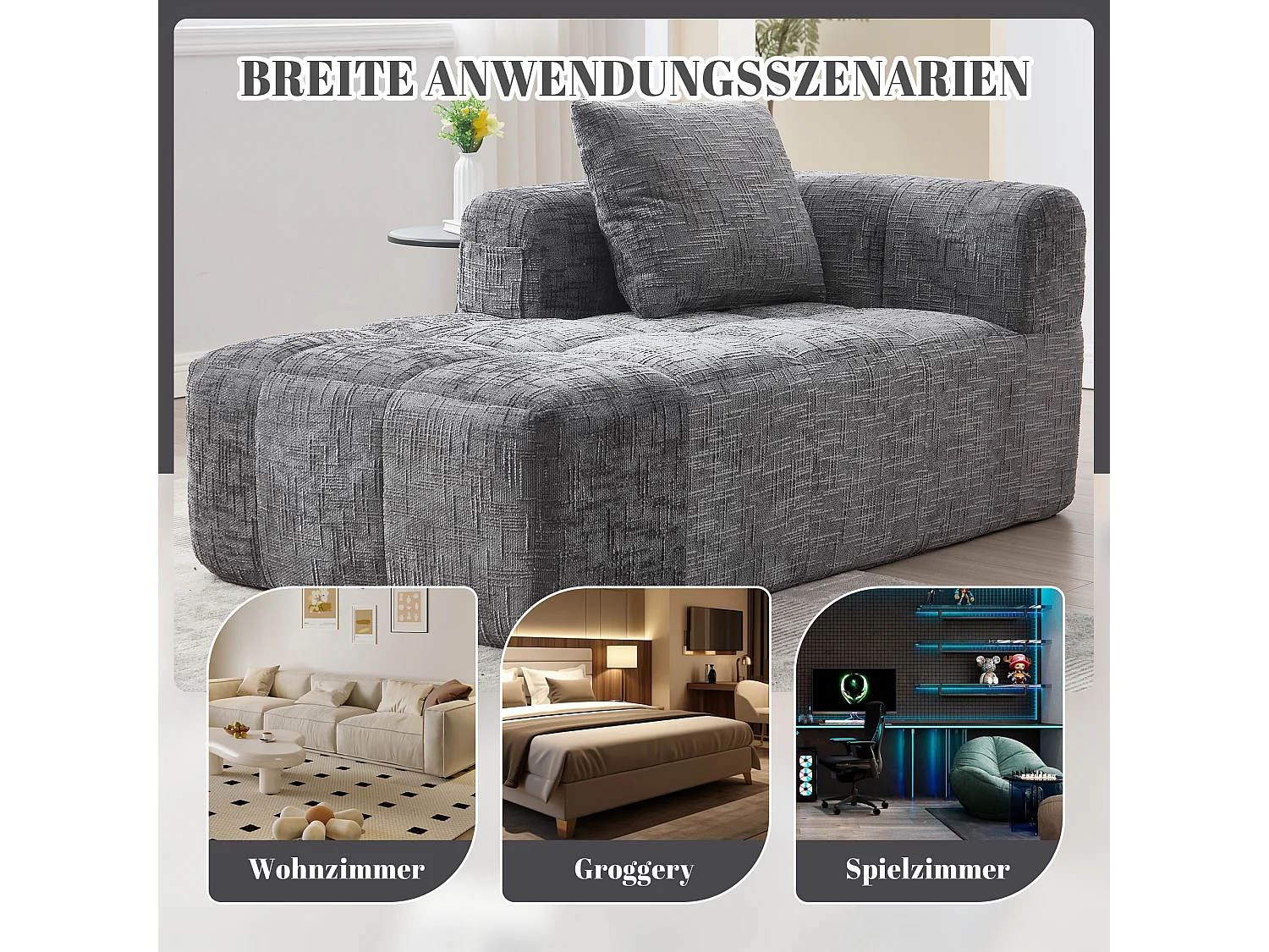 Divano Chaise Longue Grigio, non necessita di montaggio, con cuscino e tasche laterali, design ultra confortevole, moderno e pratico per il soggiorno