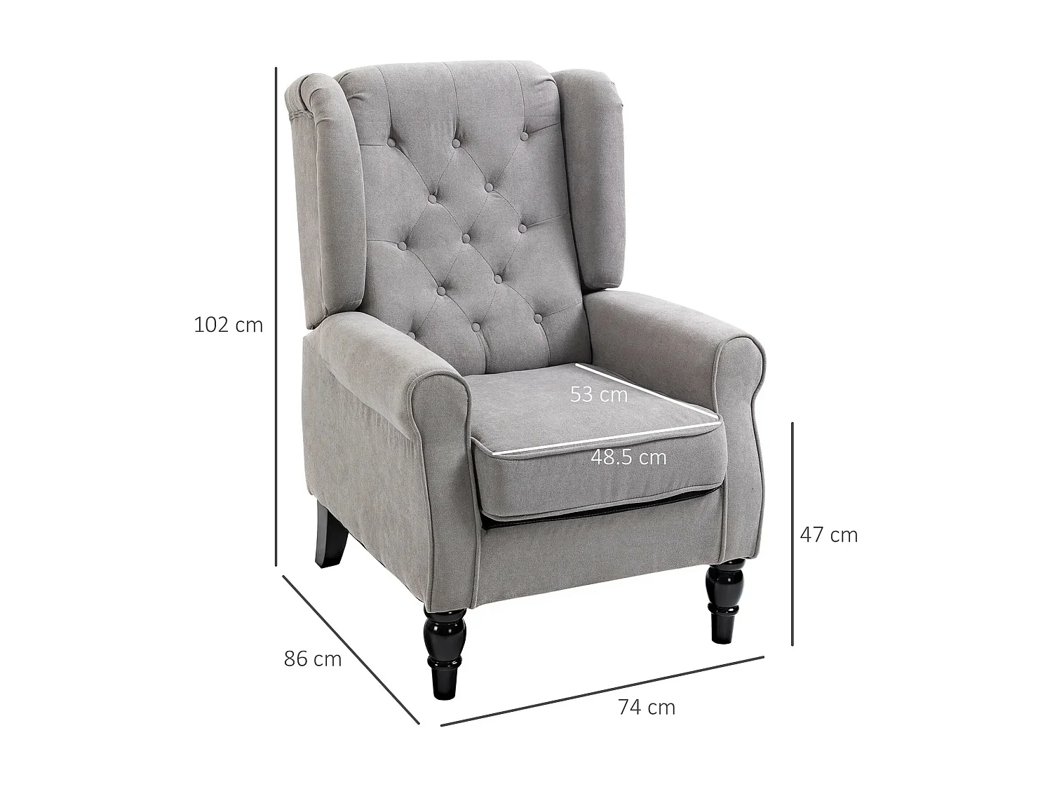 Poltrona relax a cuscino grigio 74x86x102 cm, schienale alto trapuntato, gambe in legno, tessuto in poliestere, comoda e decorativa