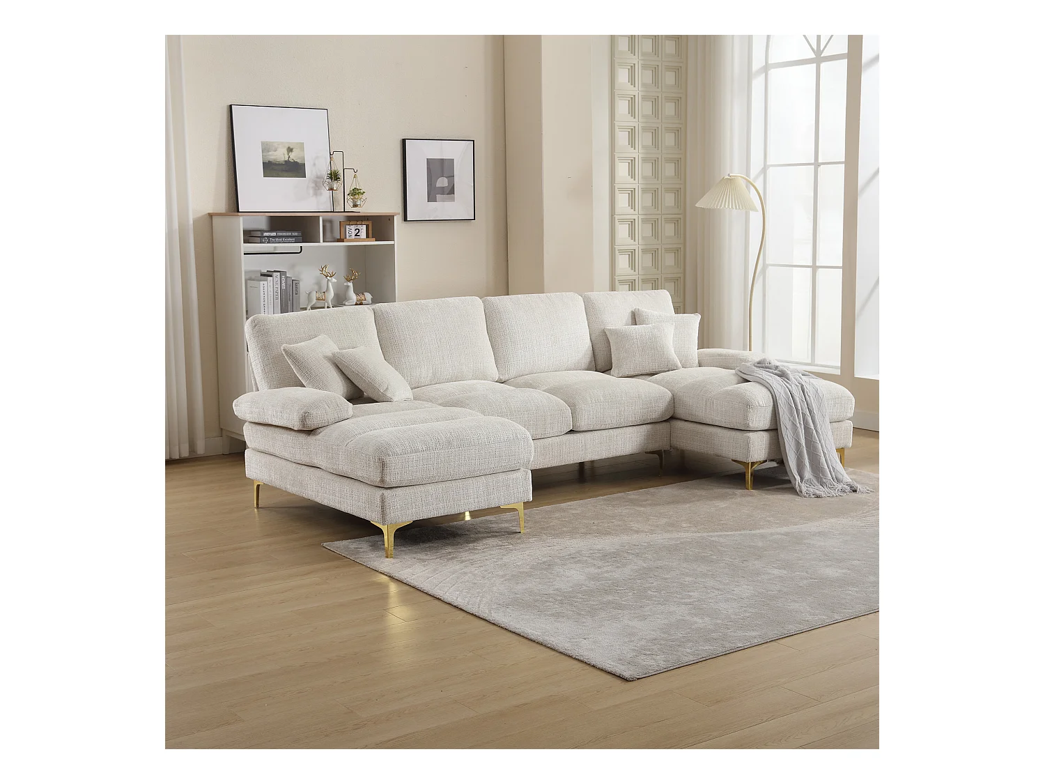 Divano moderno a forma di U in ciniglia con gambe in metallo dorato, design ergonomico, per soggiorno, camera da letto o ufficio