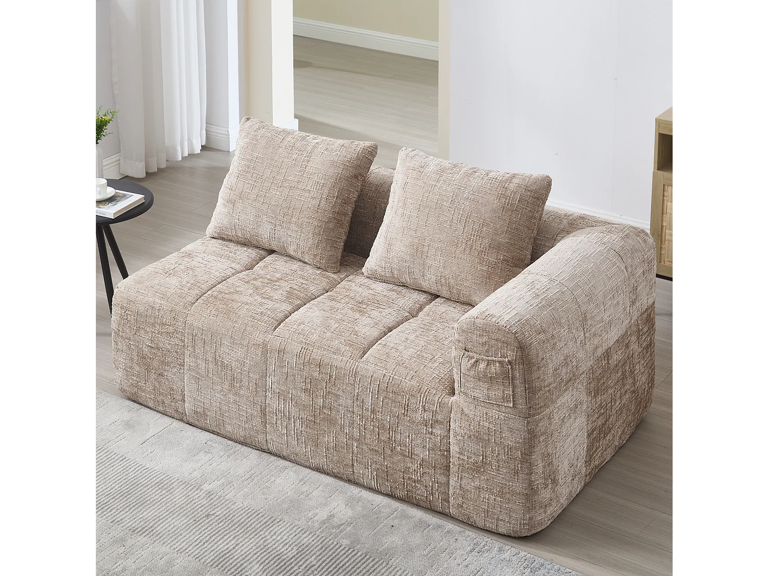 Divano a 2 posti color cachi senza montaggio, cuscino incluso, pratiche tasche laterali, stile Chaise Lounge, comodo ed elegante