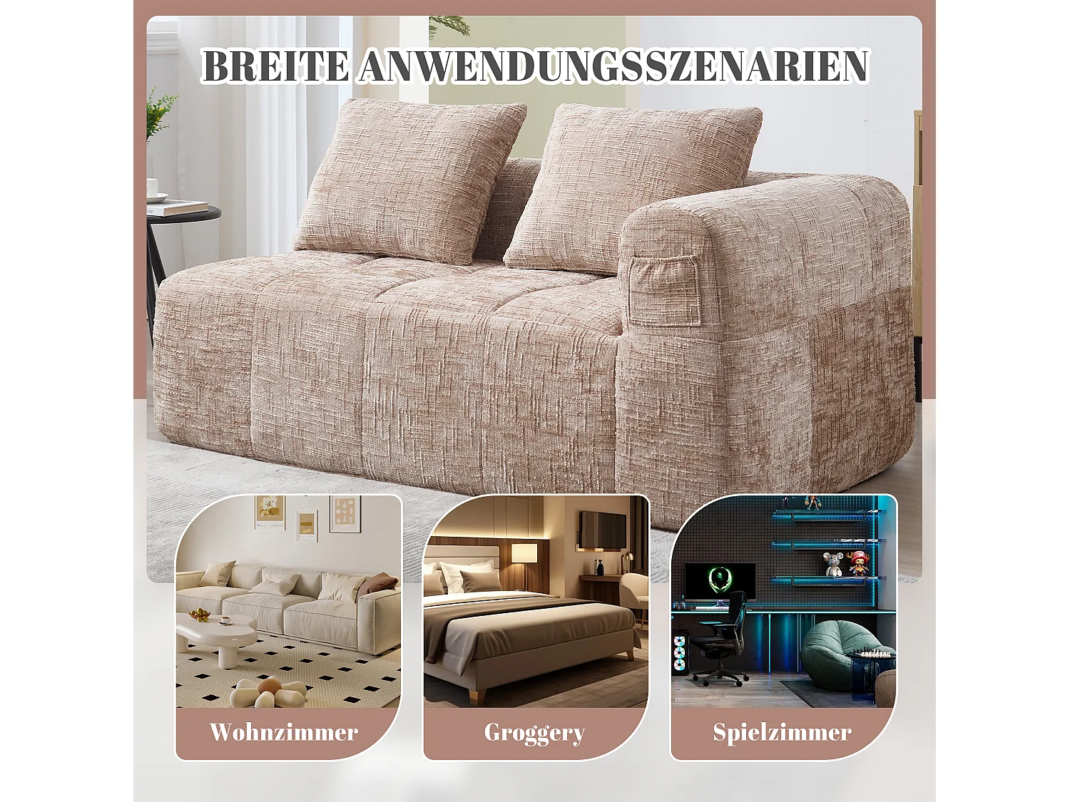 Divano a 2 posti color cachi senza montaggio, cuscino incluso, pratiche tasche laterali, stile Chaise Lounge, comodo ed elegante