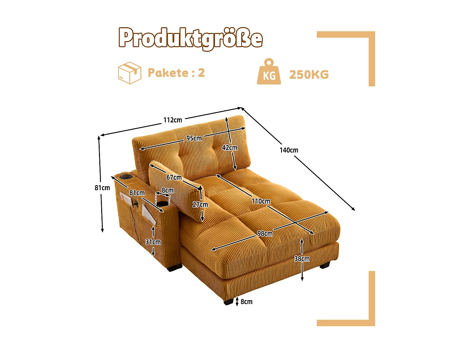 Poltrona reclinabile in velluto a coste giallo senape, braccioli imbottiti, porta USB, portabicchieri, schienale regolabile