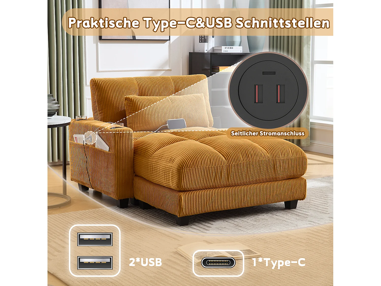 Poltrona reclinabile in velluto a coste giallo senape, braccioli imbottiti, porta USB, portabicchieri, schienale regolabile