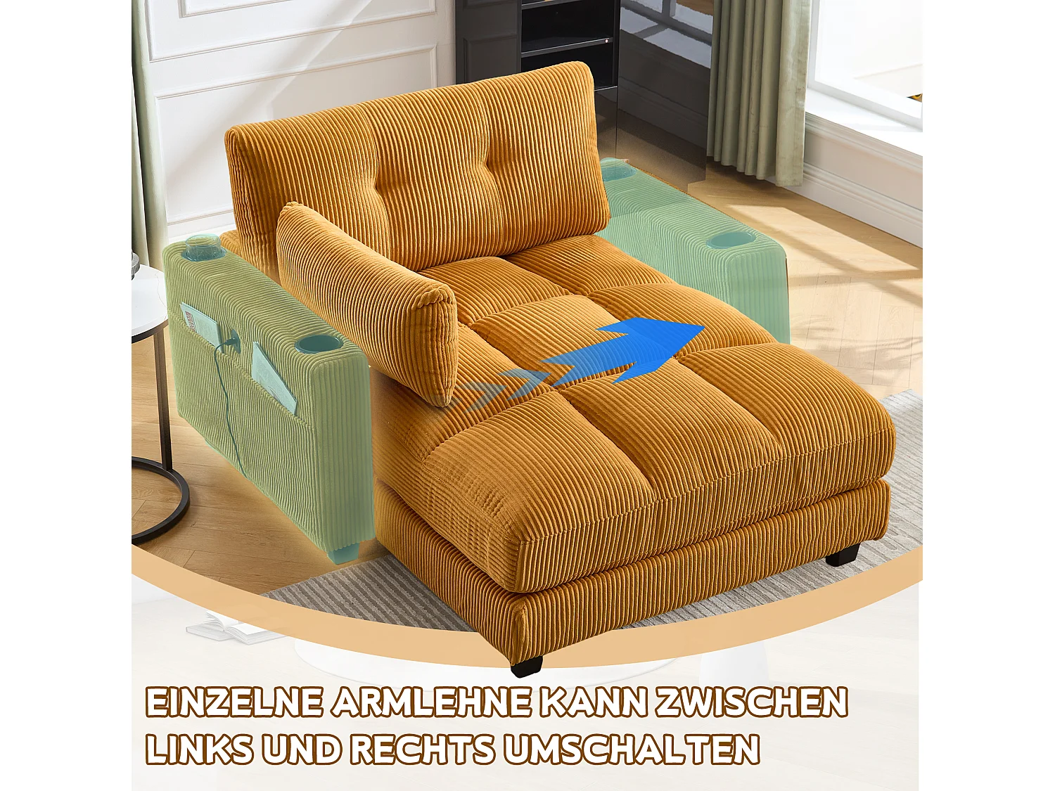 Poltrona reclinabile in velluto a coste giallo senape, braccioli imbottiti, porta USB, portabicchieri, schienale regolabile