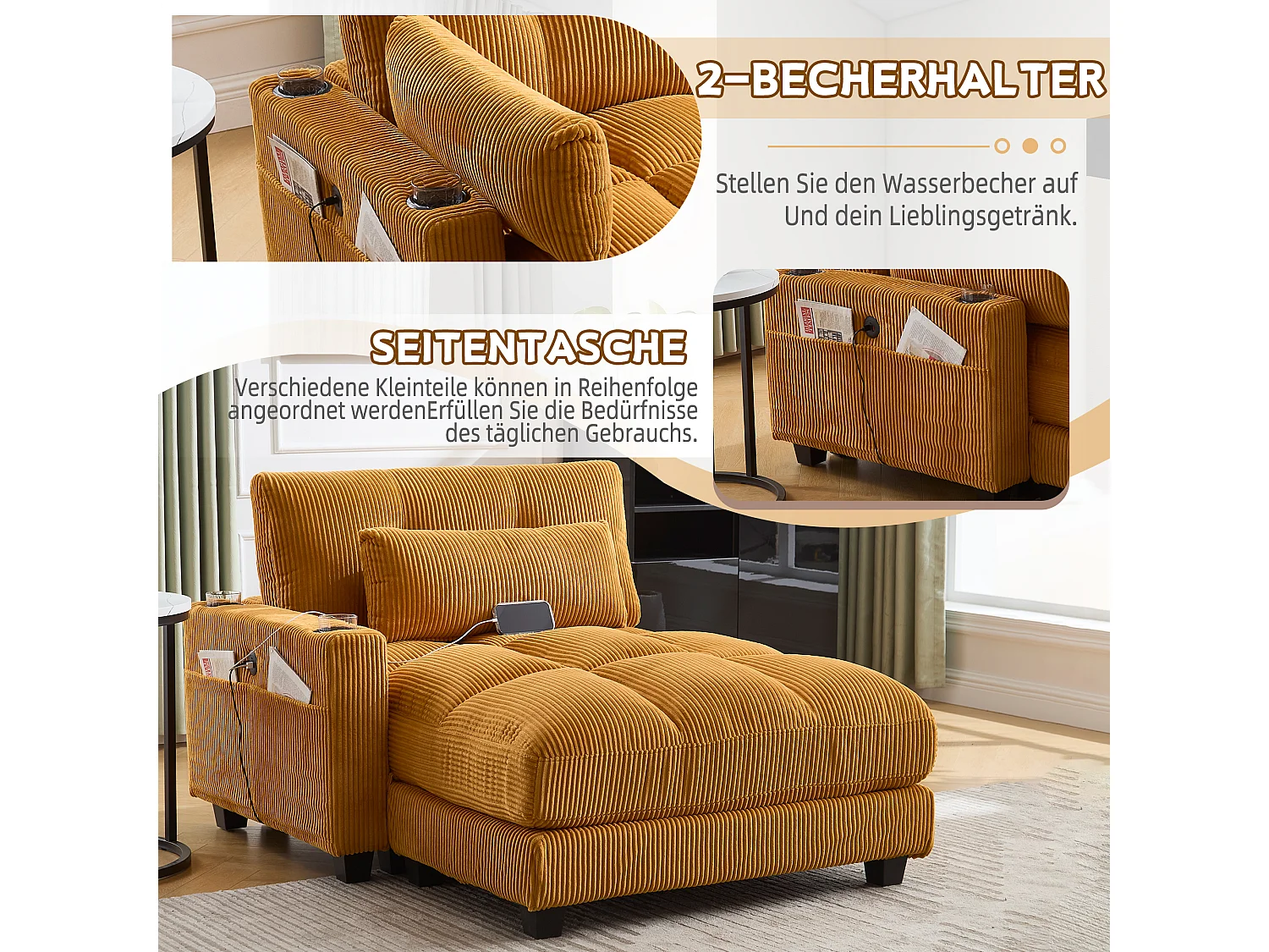 Poltrona reclinabile in velluto a coste giallo senape, braccioli imbottiti, porta USB, portabicchieri, schienale regolabile