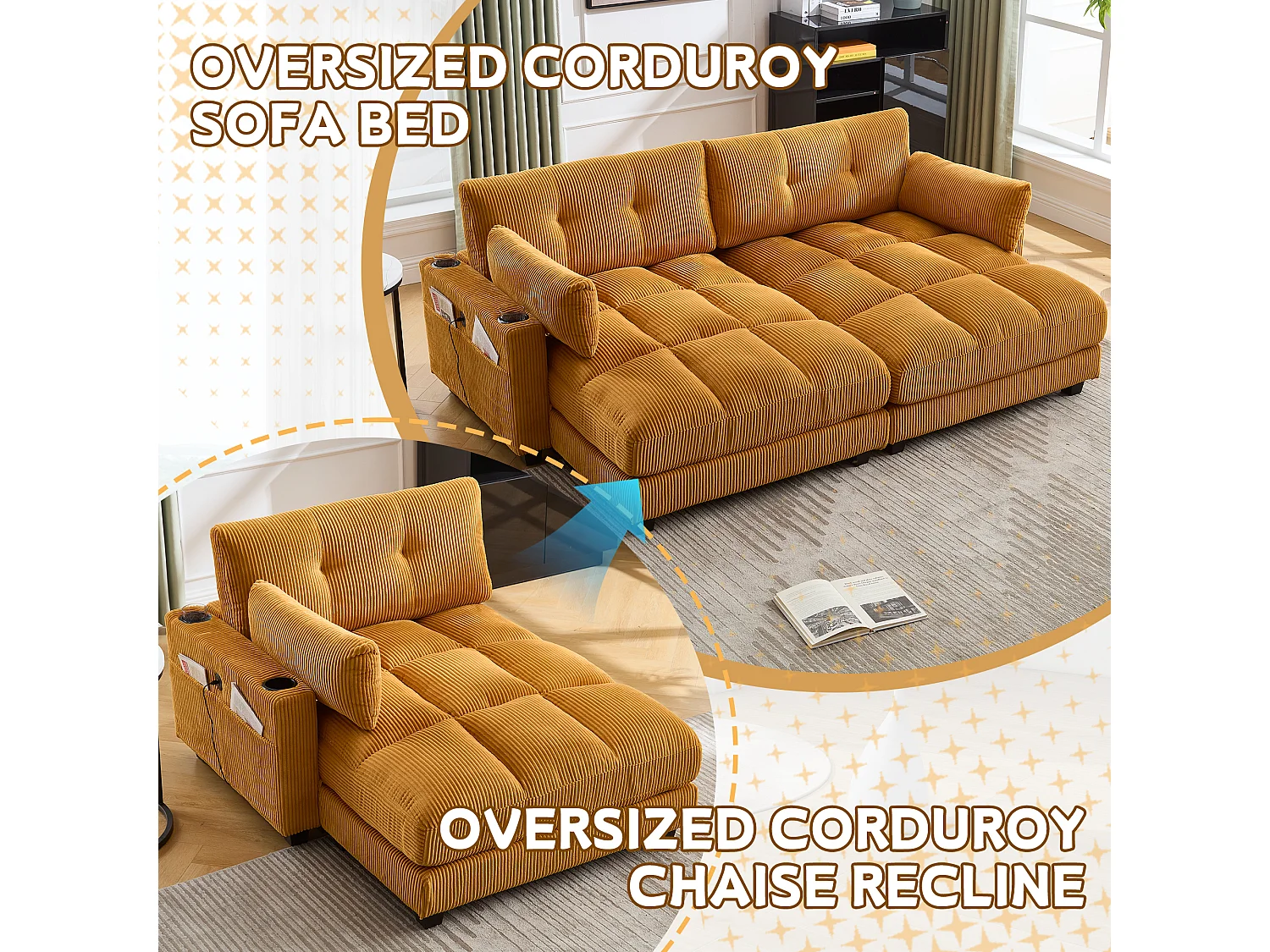 Poltrona reclinabile in velluto a coste giallo senape, braccioli imbottiti, porta USB, portabicchieri, schienale regolabile