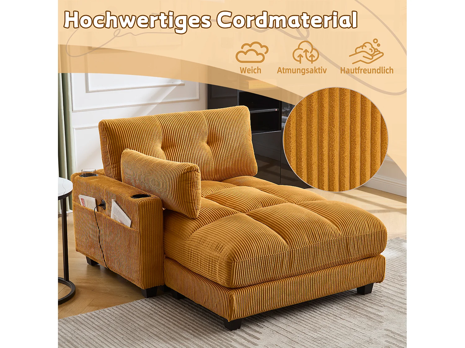 Poltrona reclinabile in velluto a coste giallo senape, braccioli imbottiti, porta USB, portabicchieri, schienale regolabile