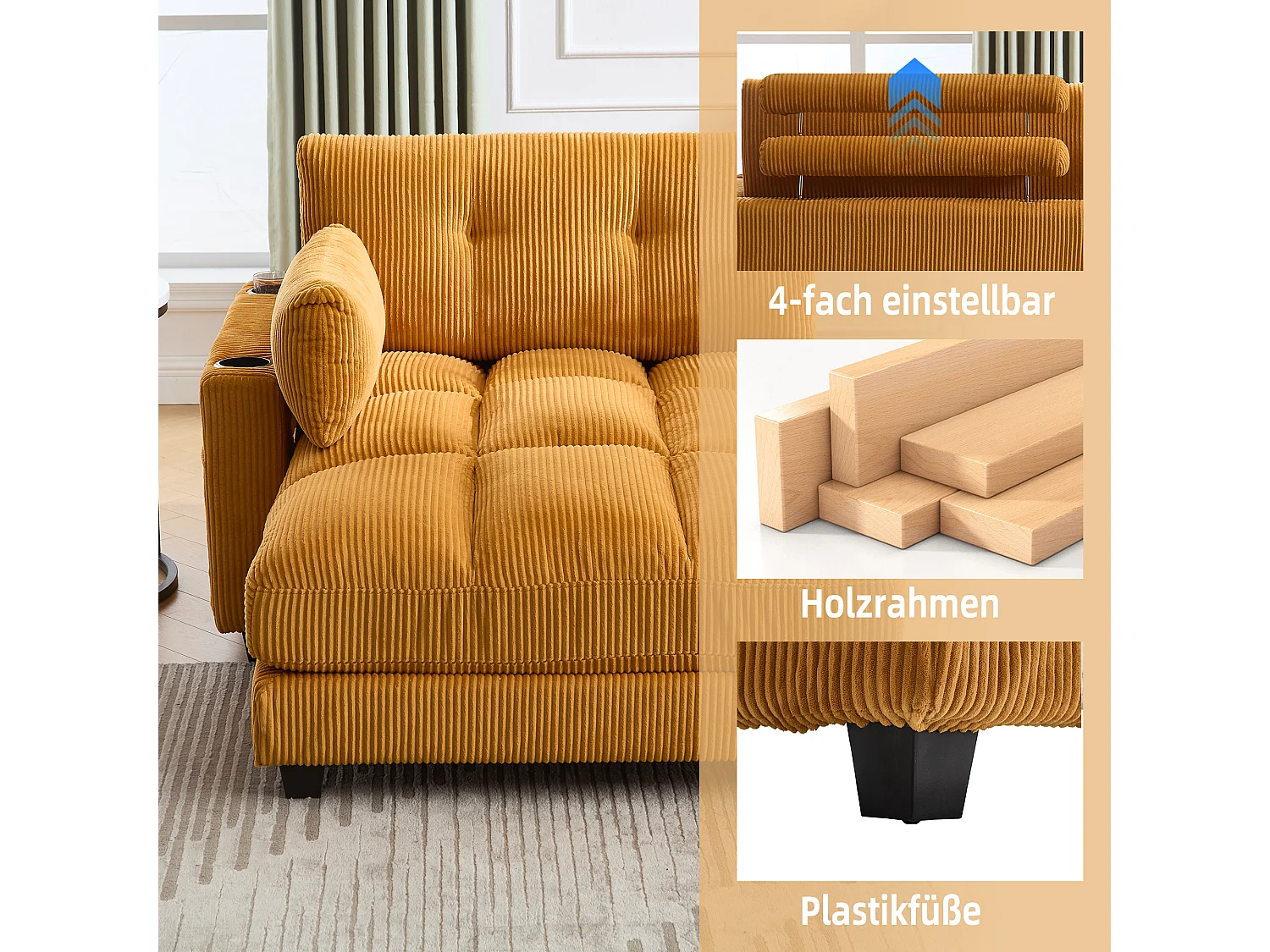 Poltrona reclinabile in velluto a coste giallo senape, braccioli imbottiti, porta USB, portabicchieri, schienale regolabile