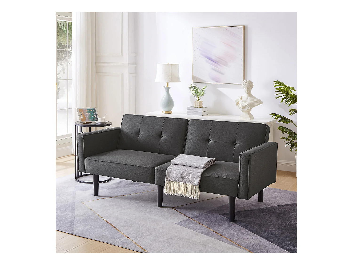 Divano letto a 2 posti con schienali regolabili, tessuto in cotone e lino, schiuma ad alta densità, gambe in legno, design pratico e moderno