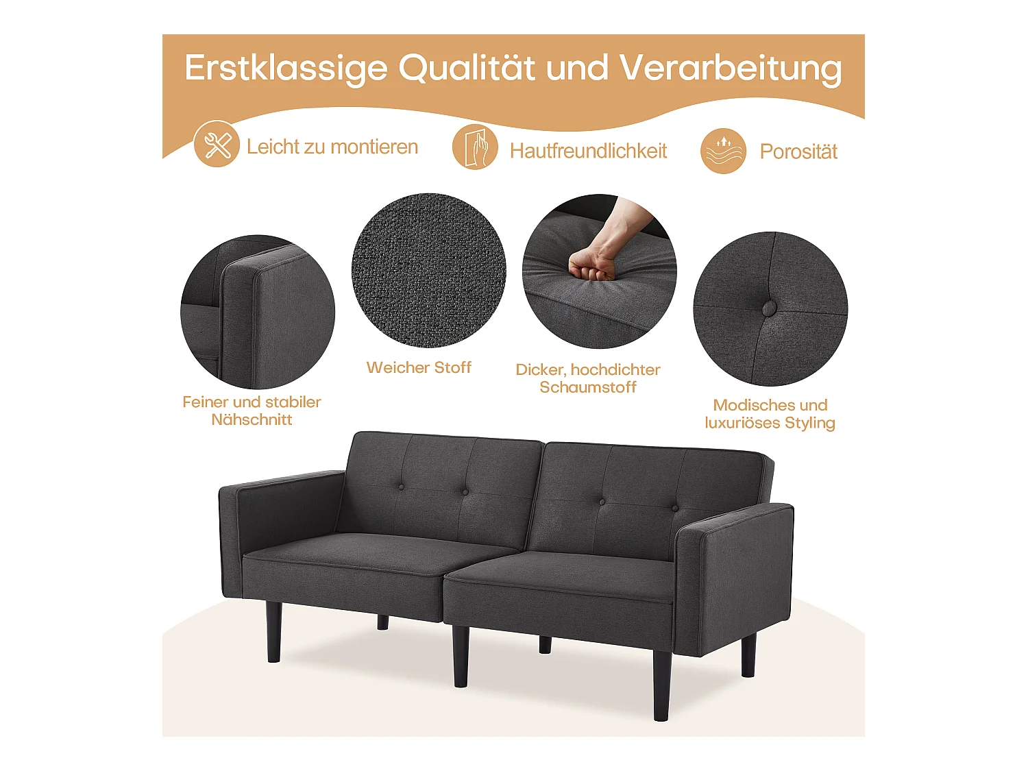 Divano letto a 2 posti con schienali regolabili, tessuto in cotone e lino, schiuma ad alta densità, gambe in legno, design pratico e moderno