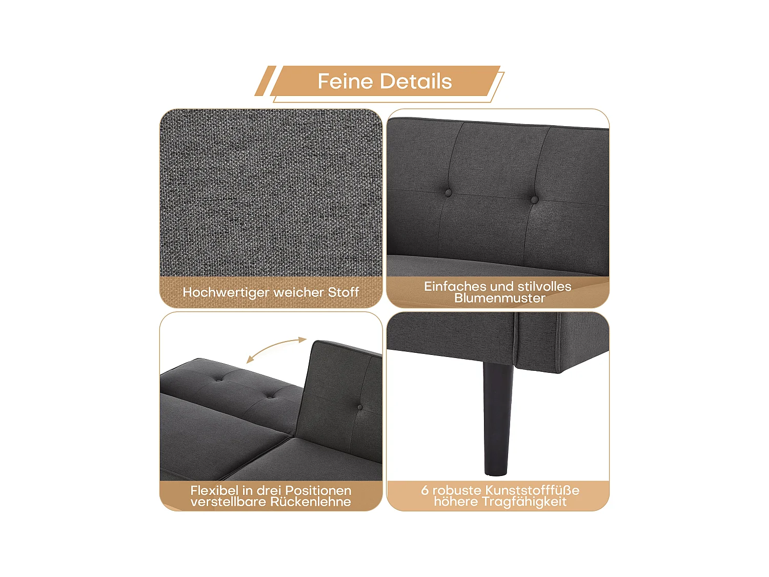 Divano letto a 2 posti con schienali regolabili, tessuto in cotone e lino, schiuma ad alta densità, gambe in legno, design pratico e moderno