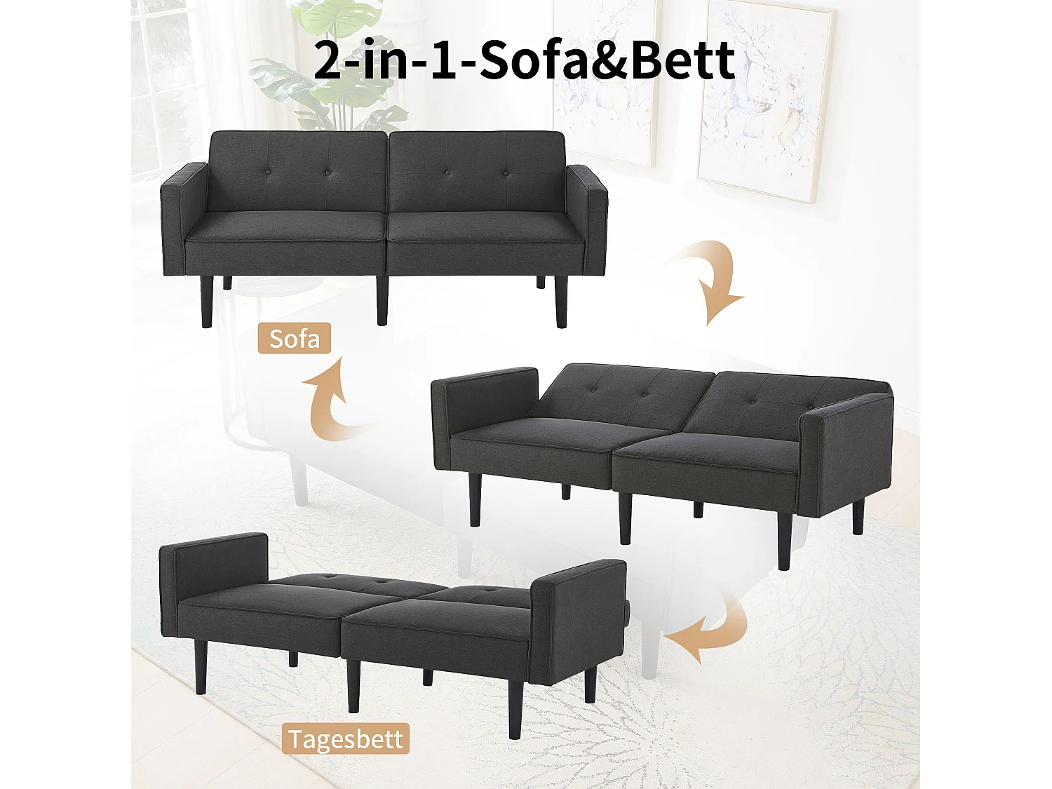 Divano letto a 2 posti con schienali regolabili, tessuto in cotone e lino, schiuma ad alta densità, gambe in legno, design pratico e moderno