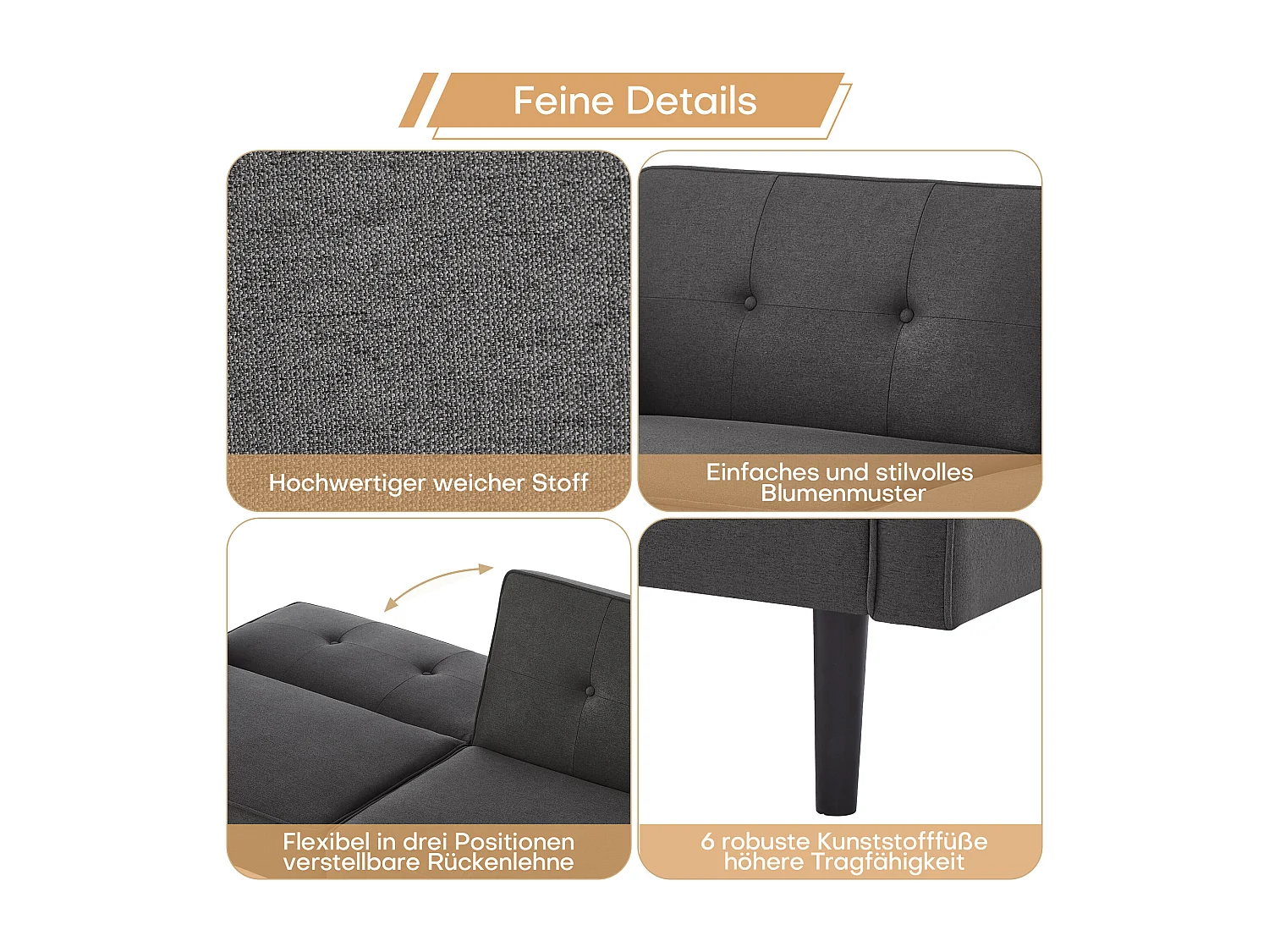 Divano letto a 2 posti con schienali regolabili, tessuto in cotone e lino, schiuma ad alta densità, gambe in legno, design pratico e moderno