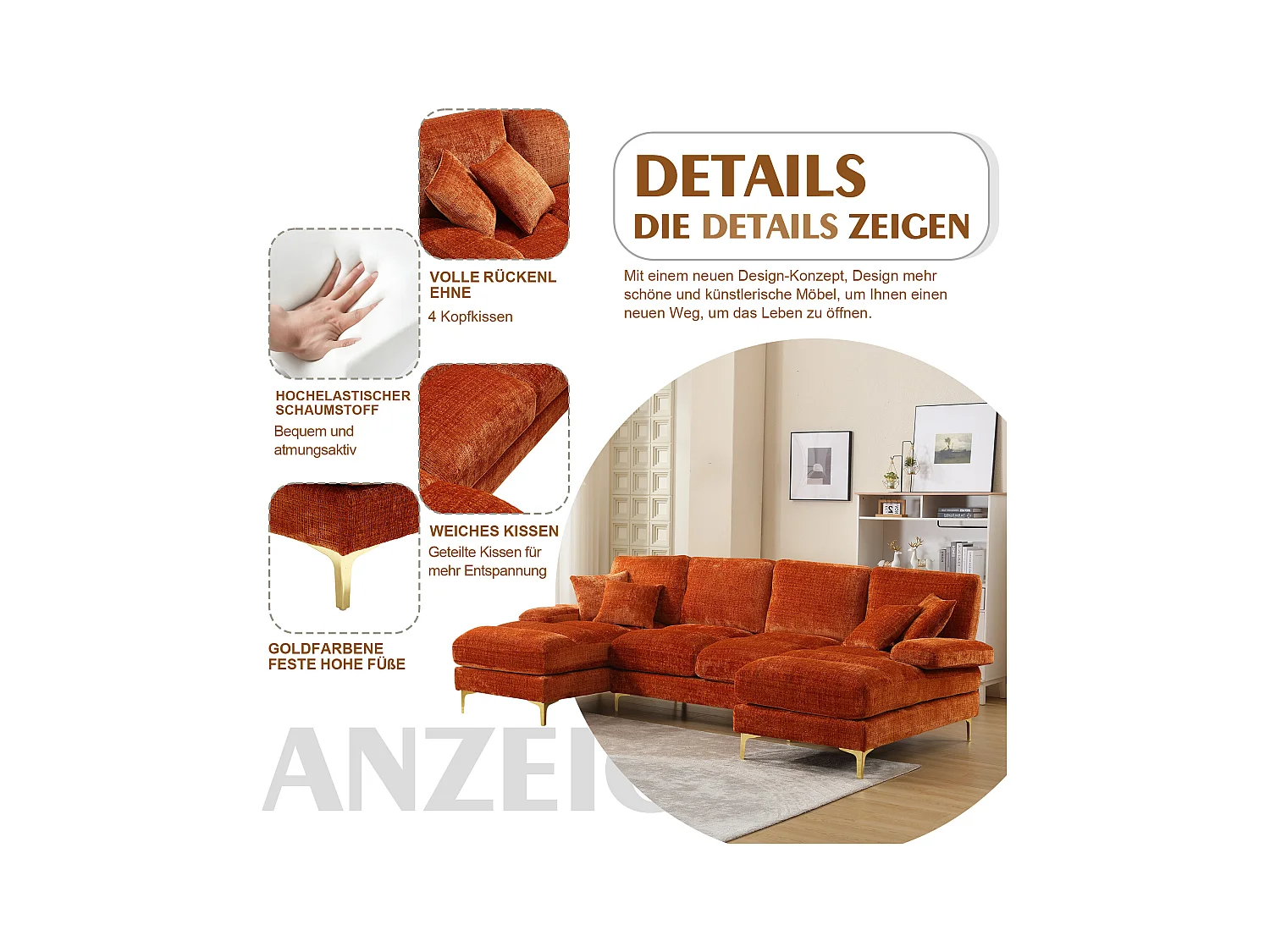 Divano a U in ciniglia arancione con gambe in metallo dorato, due posizioni di riposo, design moderno per soggiorno, camera da letto e ufficio