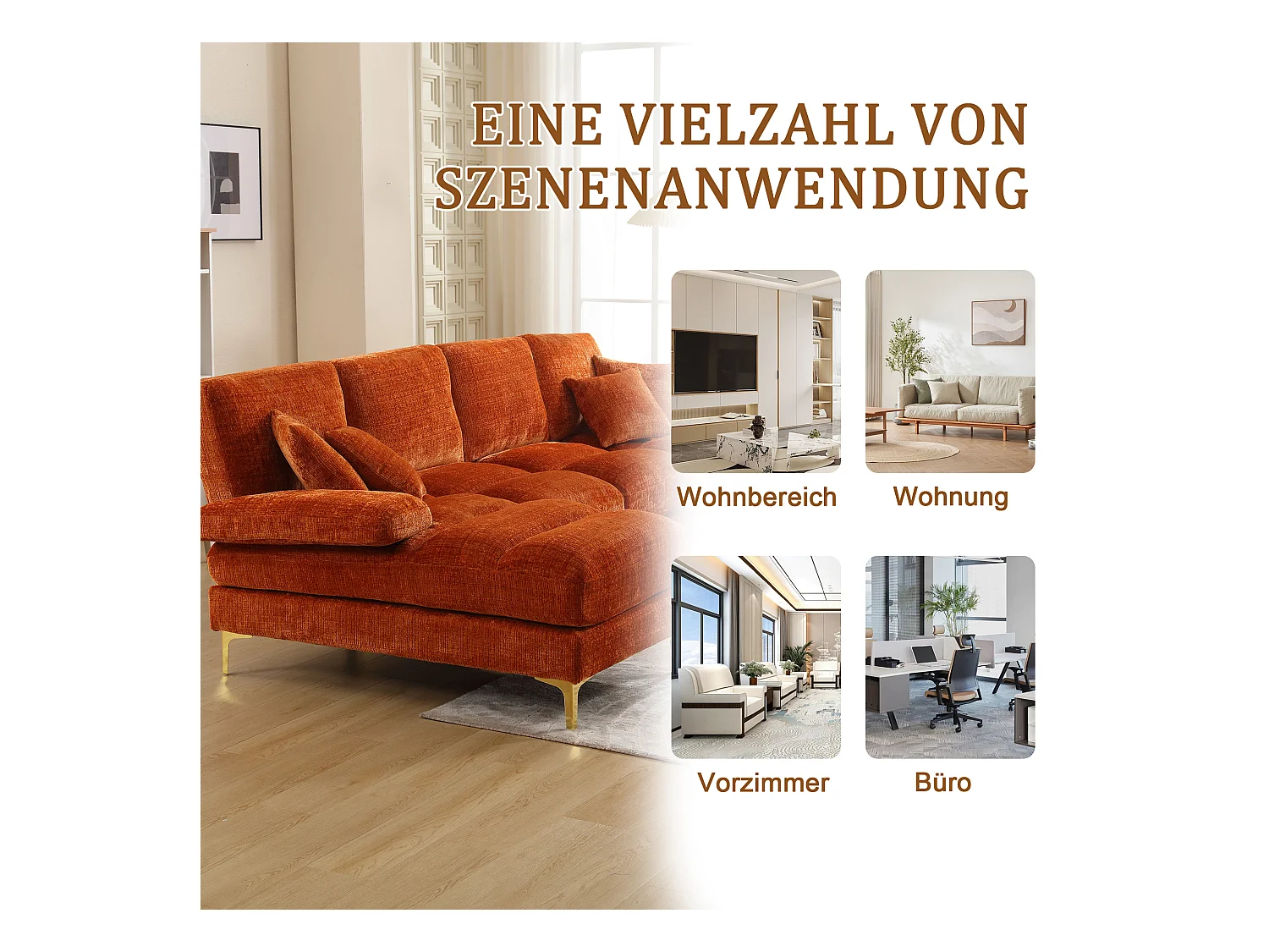 Divano a U in ciniglia arancione con gambe in metallo dorato, due posizioni di riposo, design moderno per soggiorno, camera da letto e ufficio