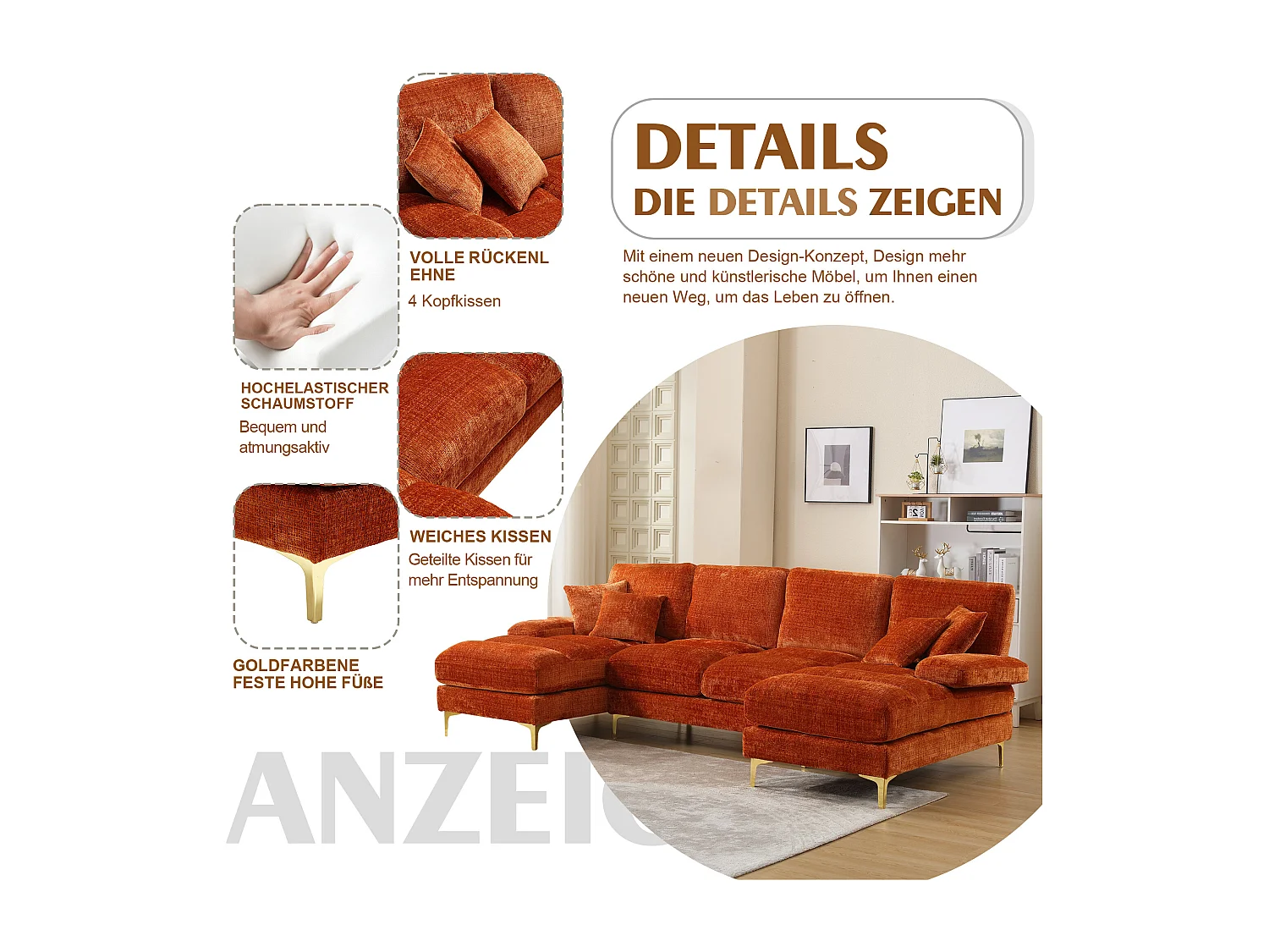 Divano a U in ciniglia arancione con gambe in metallo dorato, due posizioni di riposo, design moderno per soggiorno, camera da letto e ufficio