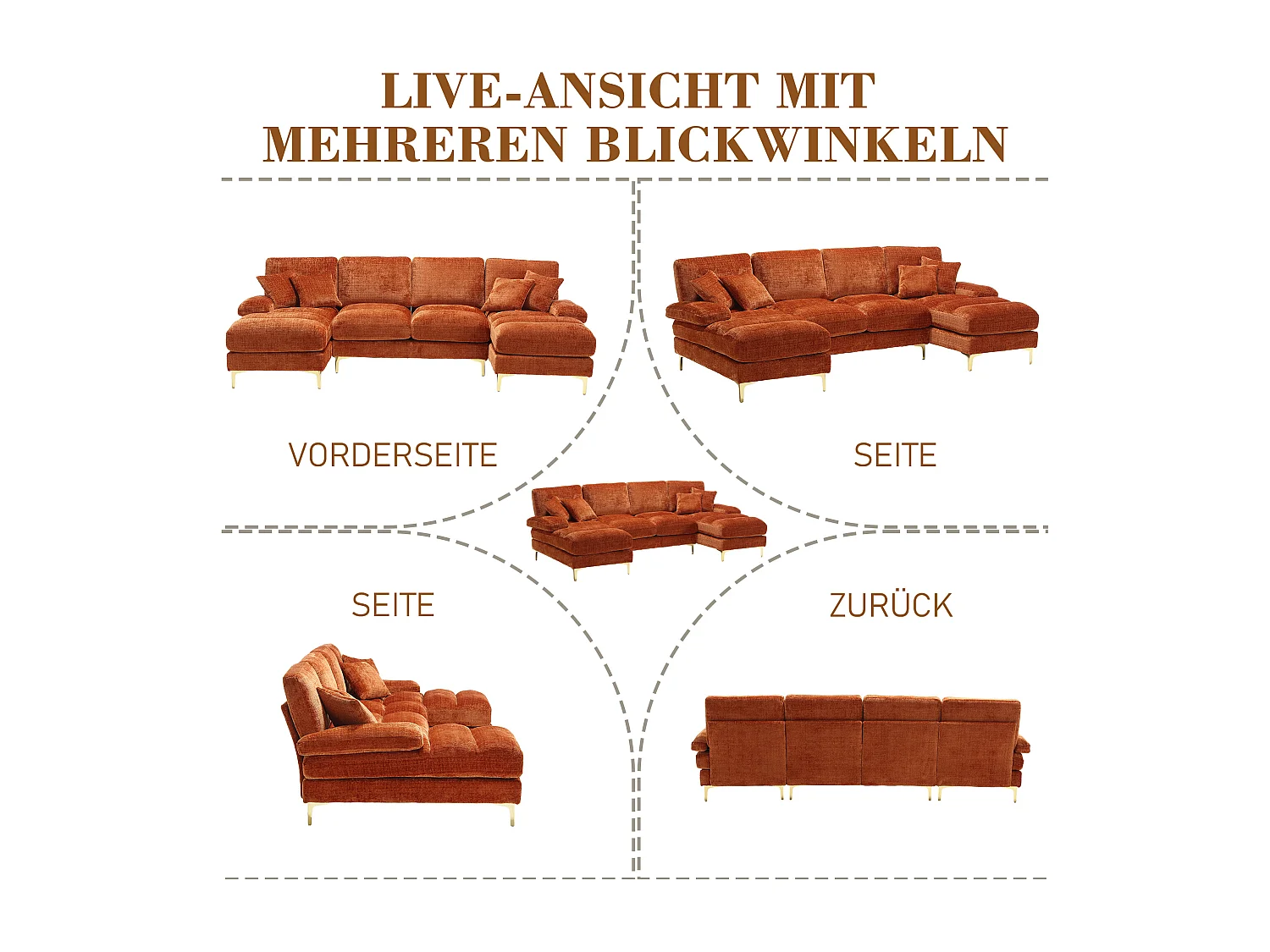 Divano a U in ciniglia arancione con gambe in metallo dorato, due posizioni di riposo, design moderno per soggiorno, camera da letto e ufficio