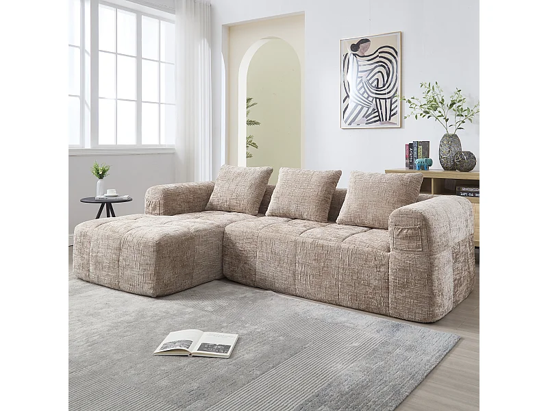 Divano angolare componibile a 3 posti senza montaggio, tessuto in morbida ciniglia, chaise longue, 3 cuscini, tasca laterale, design accogliente, colore kaki