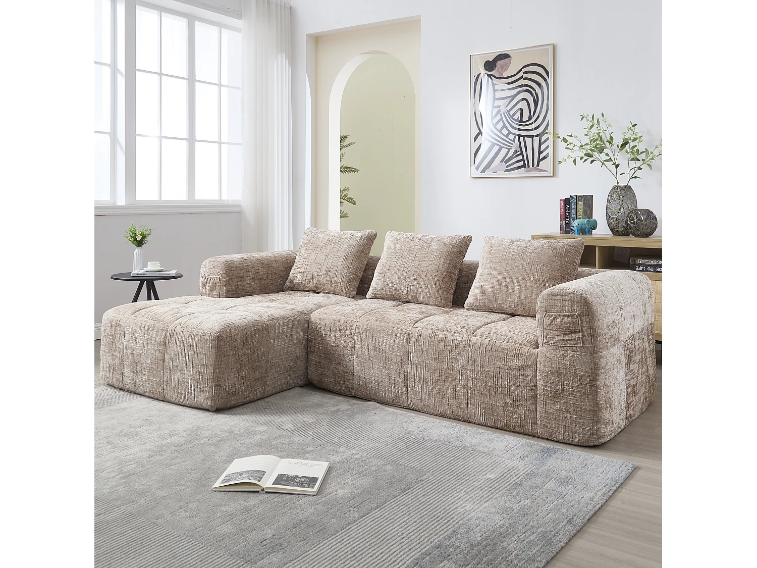 Divano angolare componibile a 3 posti senza montaggio, tessuto in morbida ciniglia, chaise longue, 3 cuscini, tasca laterale, design accogliente, colore kaki