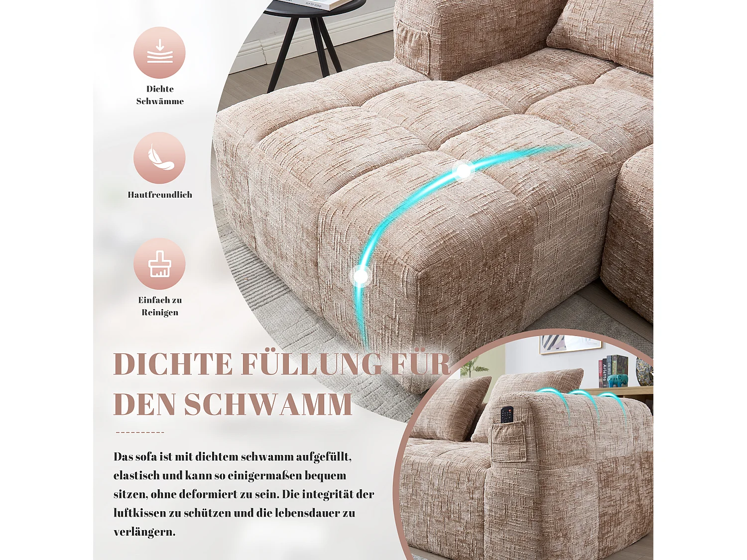 Divano angolare componibile a 3 posti senza montaggio, tessuto in morbida ciniglia, chaise longue, 3 cuscini, tasca laterale, design accogliente, colore kaki