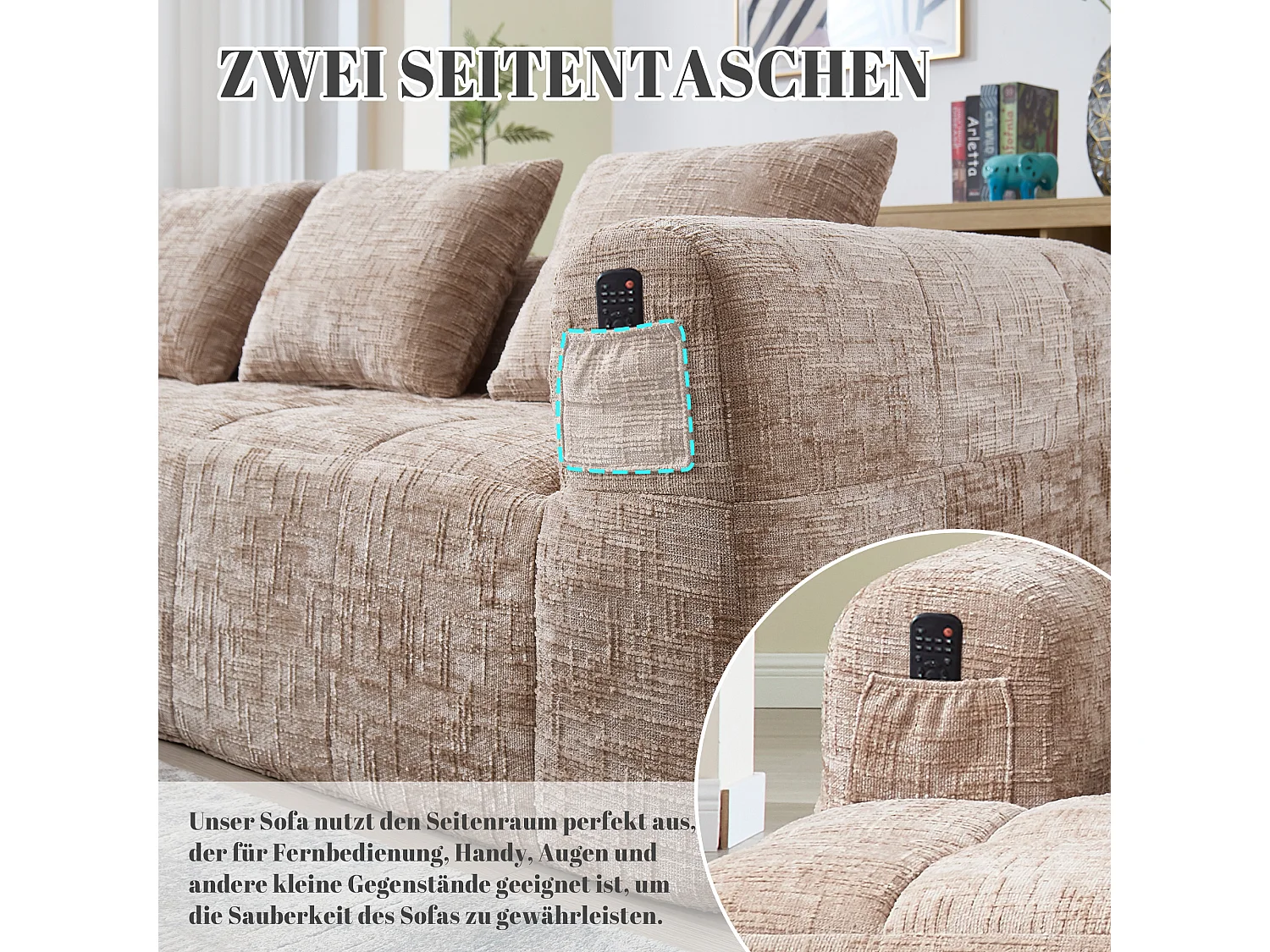 Divano angolare componibile a 3 posti senza montaggio, tessuto in morbida ciniglia, chaise longue, 3 cuscini, tasca laterale, design accogliente, colore kaki