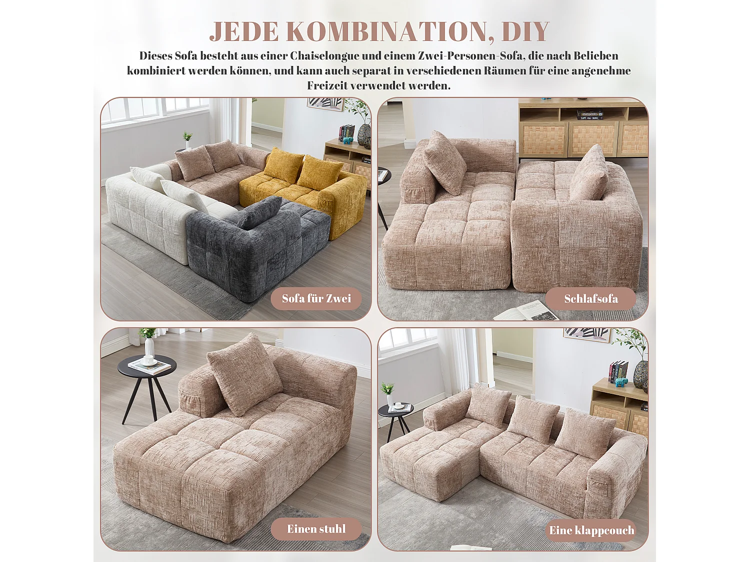 Divano angolare componibile a 3 posti senza montaggio, tessuto in morbida ciniglia, chaise longue, 3 cuscini, tasca laterale, design accogliente, colore kaki