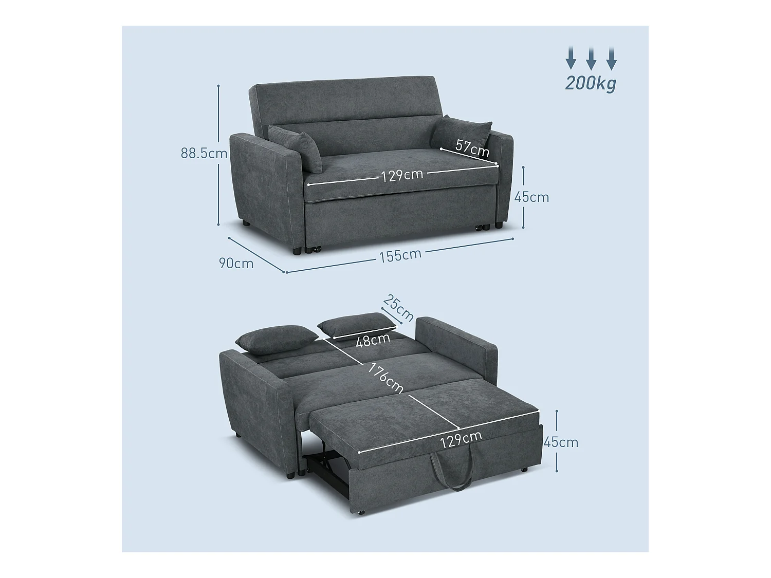 Divano letto 2 posti con schienale reclinabile e cuscini, tessuto in velluto, trasformabile in letto, struttura in legno, per soggiorno o camera da letto