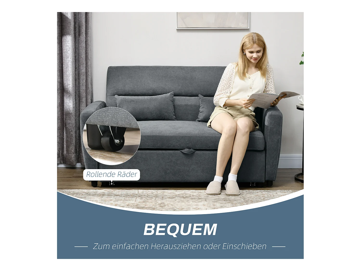 Divano letto 2 posti con schienale reclinabile e cuscini, tessuto in velluto, trasformabile in letto, struttura in legno, per soggiorno o camera da letto