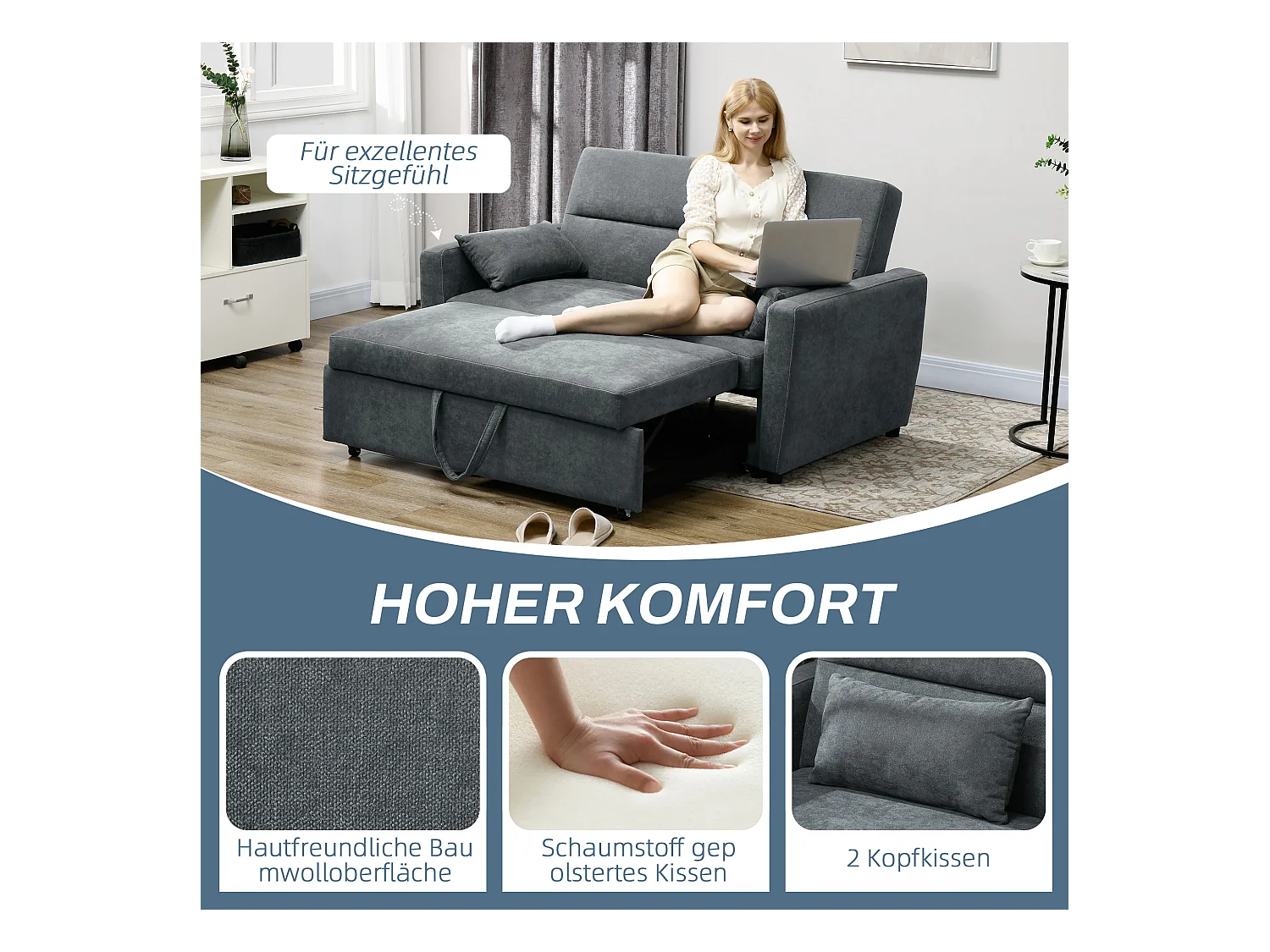 Divano letto 2 posti con schienale reclinabile e cuscini, tessuto in velluto, trasformabile in letto, struttura in legno, per soggiorno o camera da letto