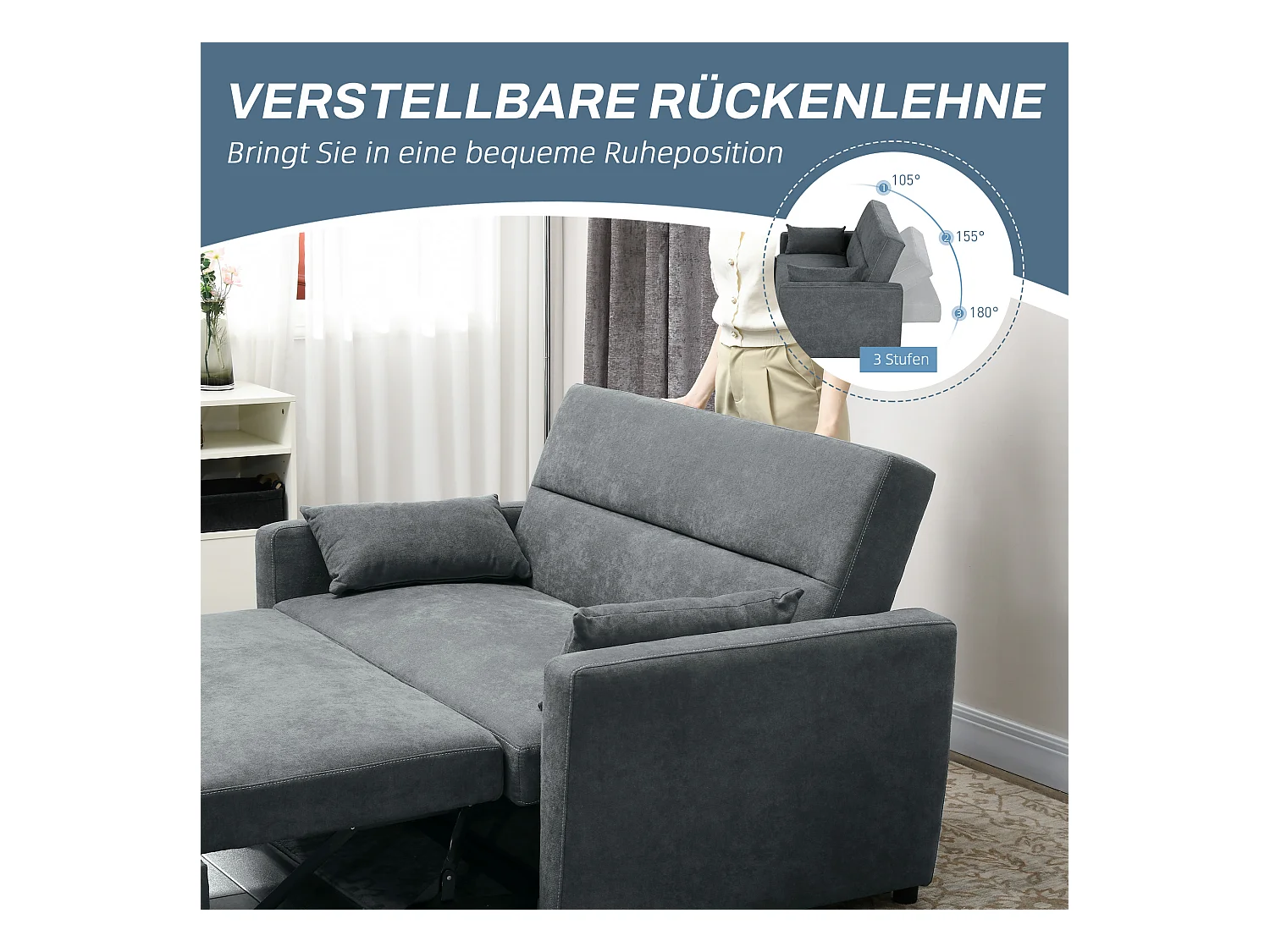 Divano letto 2 posti con schienale reclinabile e cuscini, tessuto in velluto, trasformabile in letto, struttura in legno, per soggiorno o camera da letto